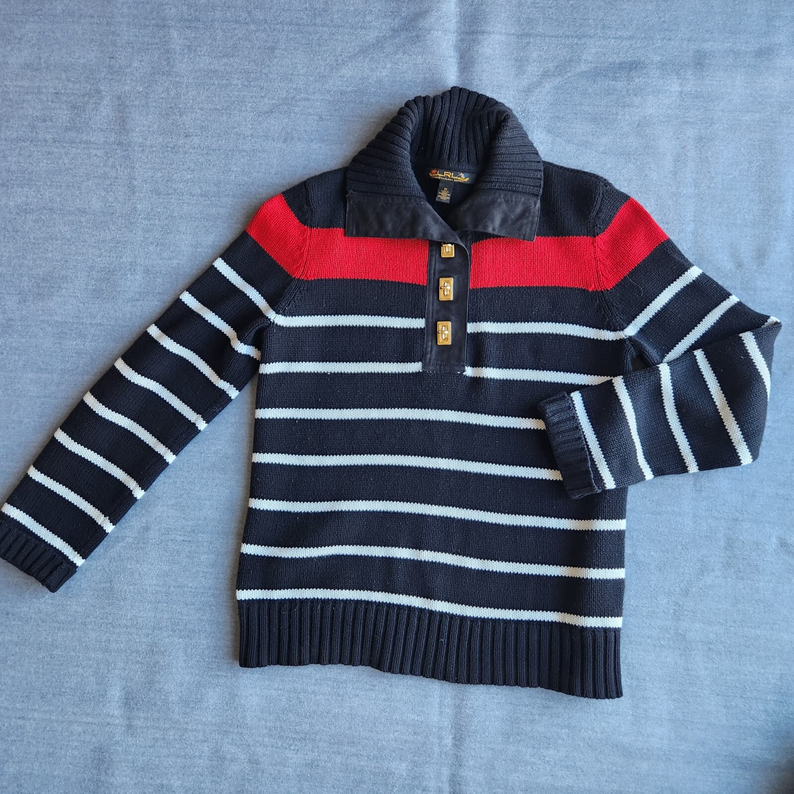 Lauren Ralph Lauren Gold Turn-Lock Pullover Sweater Multicolor Stripe Cotton M - Thumbnail 3