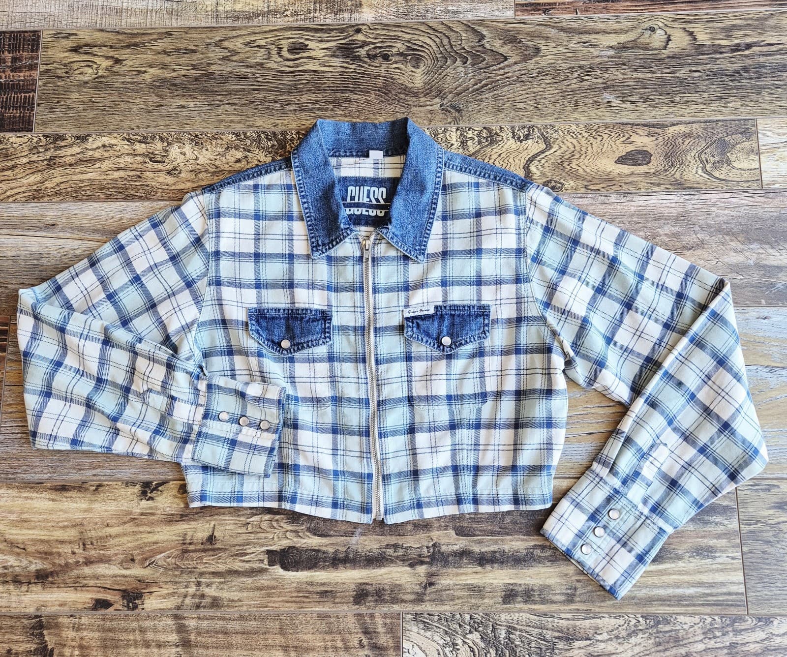 Vintage Guess Made In USA Denim Plaid Western Cropped Jacket Zip-Up Pocket Sz.L - Thumbnail 3
