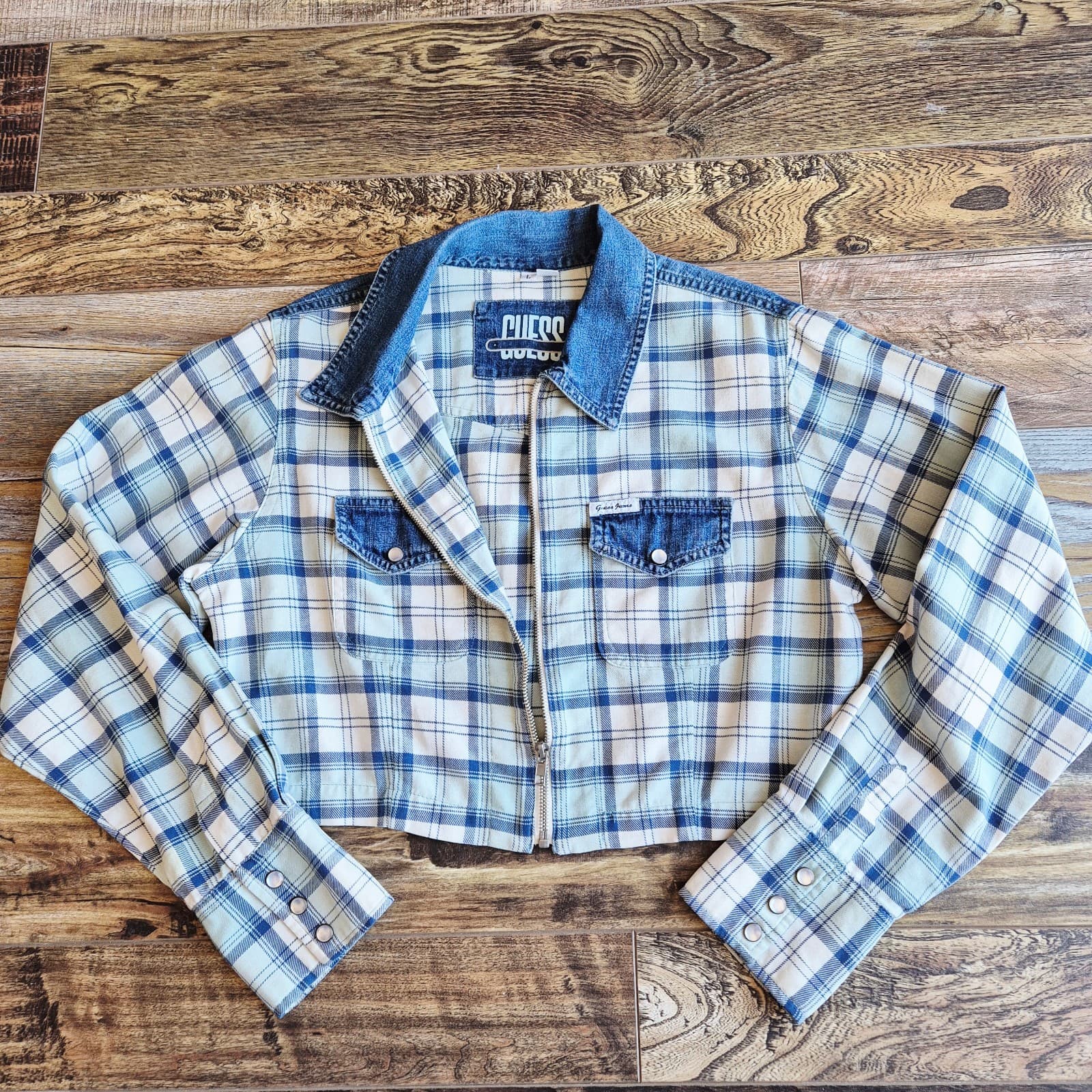 Vintage Guess Made In USA Denim Plaid Western Cropped Jacket Zip-Up Pocket Sz.L - Thumbnail 4