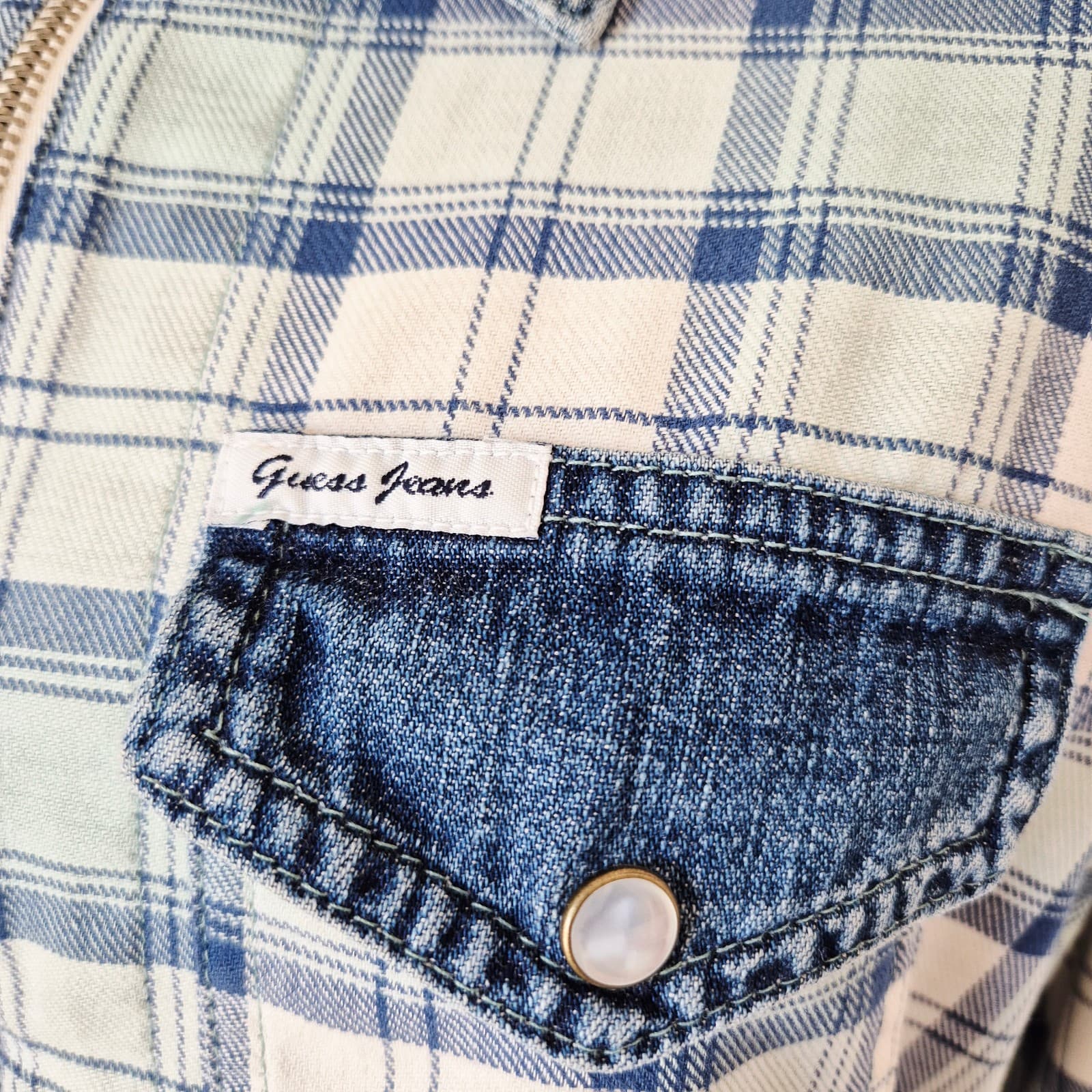 Vintage Guess Made In USA Denim Plaid Western Cropped Jacket Zip-Up Pocket Sz.L - Thumbnail 5