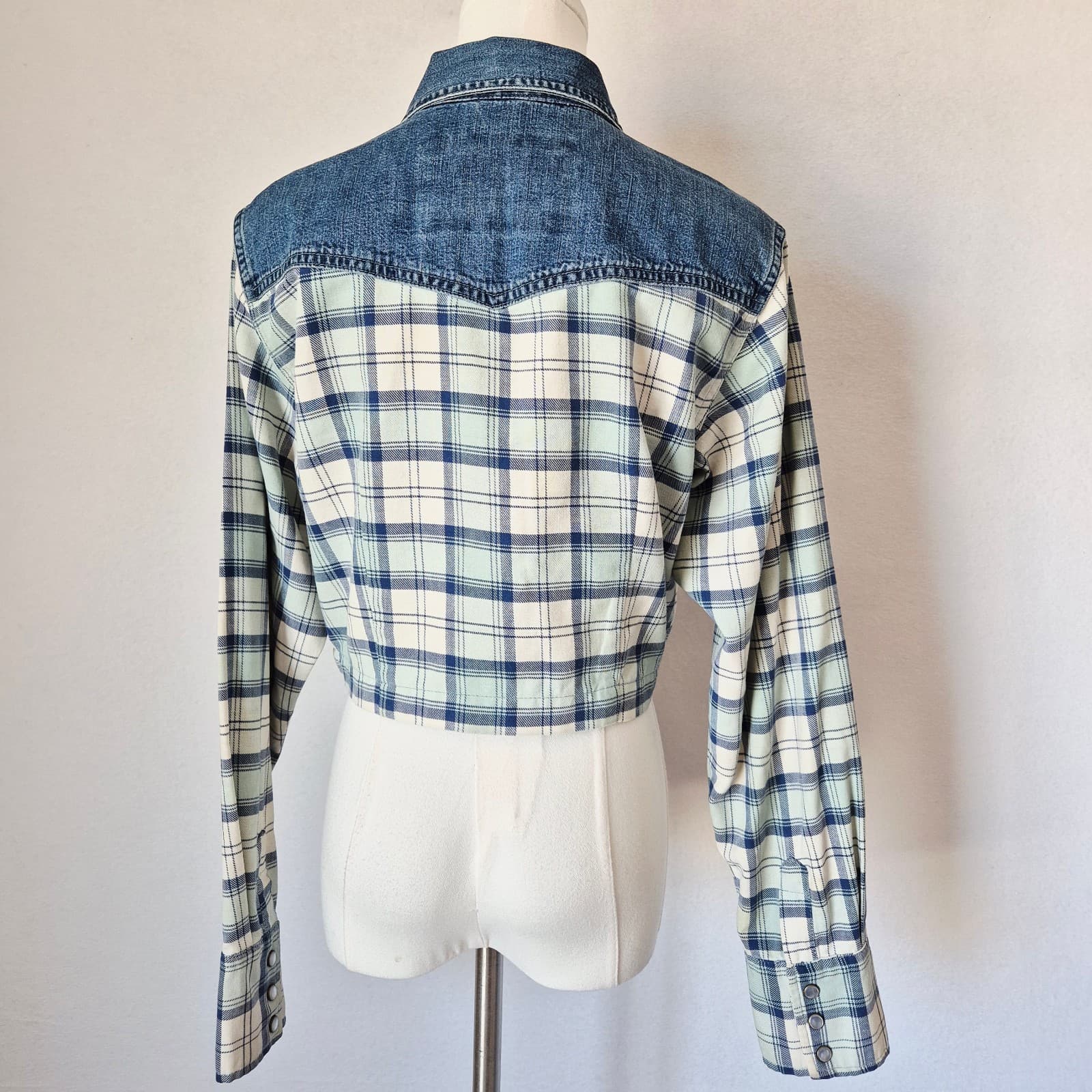 Vintage Guess Made In USA Denim Plaid Western Cropped Jacket Zip-Up Pocket Sz.L - Thumbnail 7
