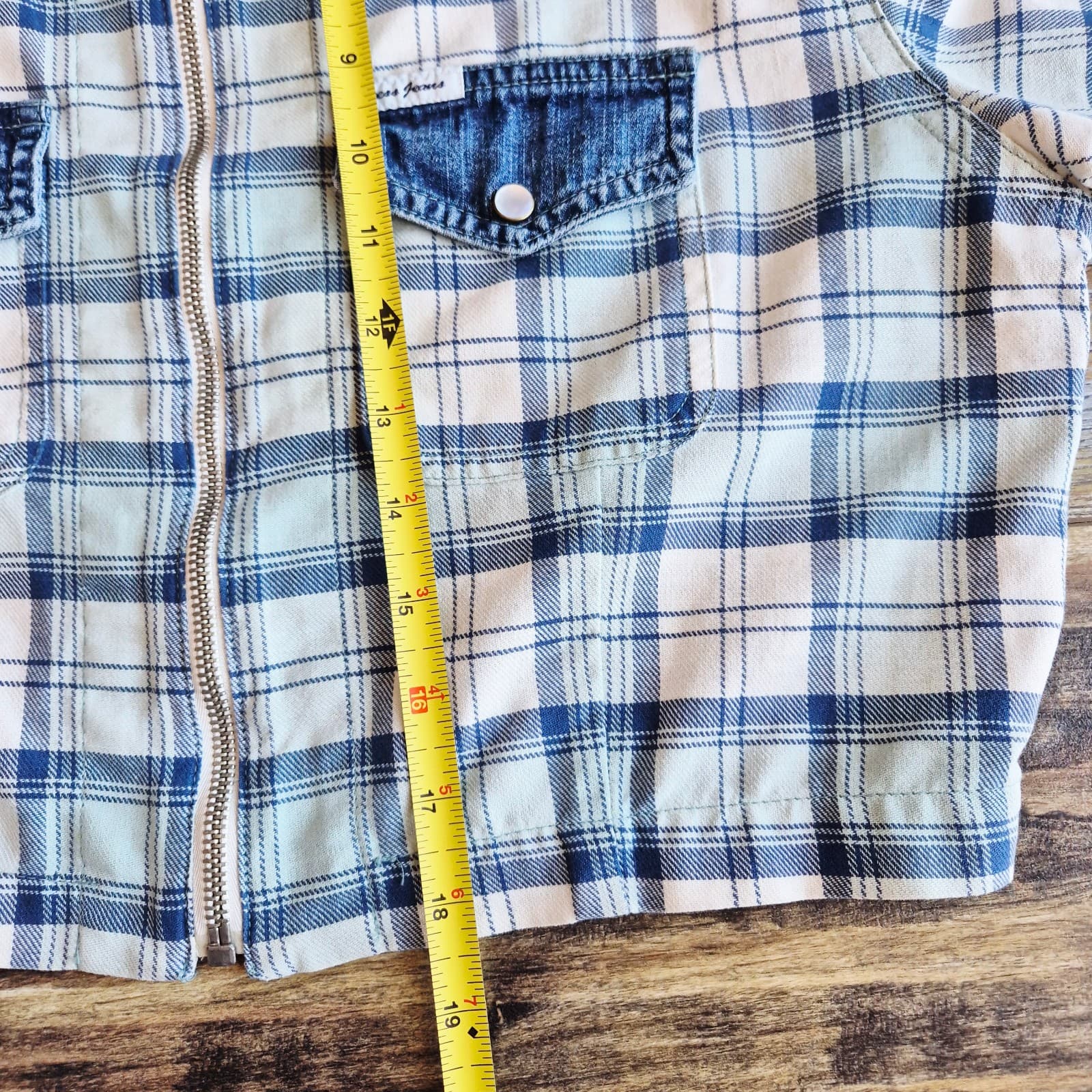 Vintage Guess Made In USA Denim Plaid Western Cropped Jacket Zip-Up Pocket Sz.L - Thumbnail 15