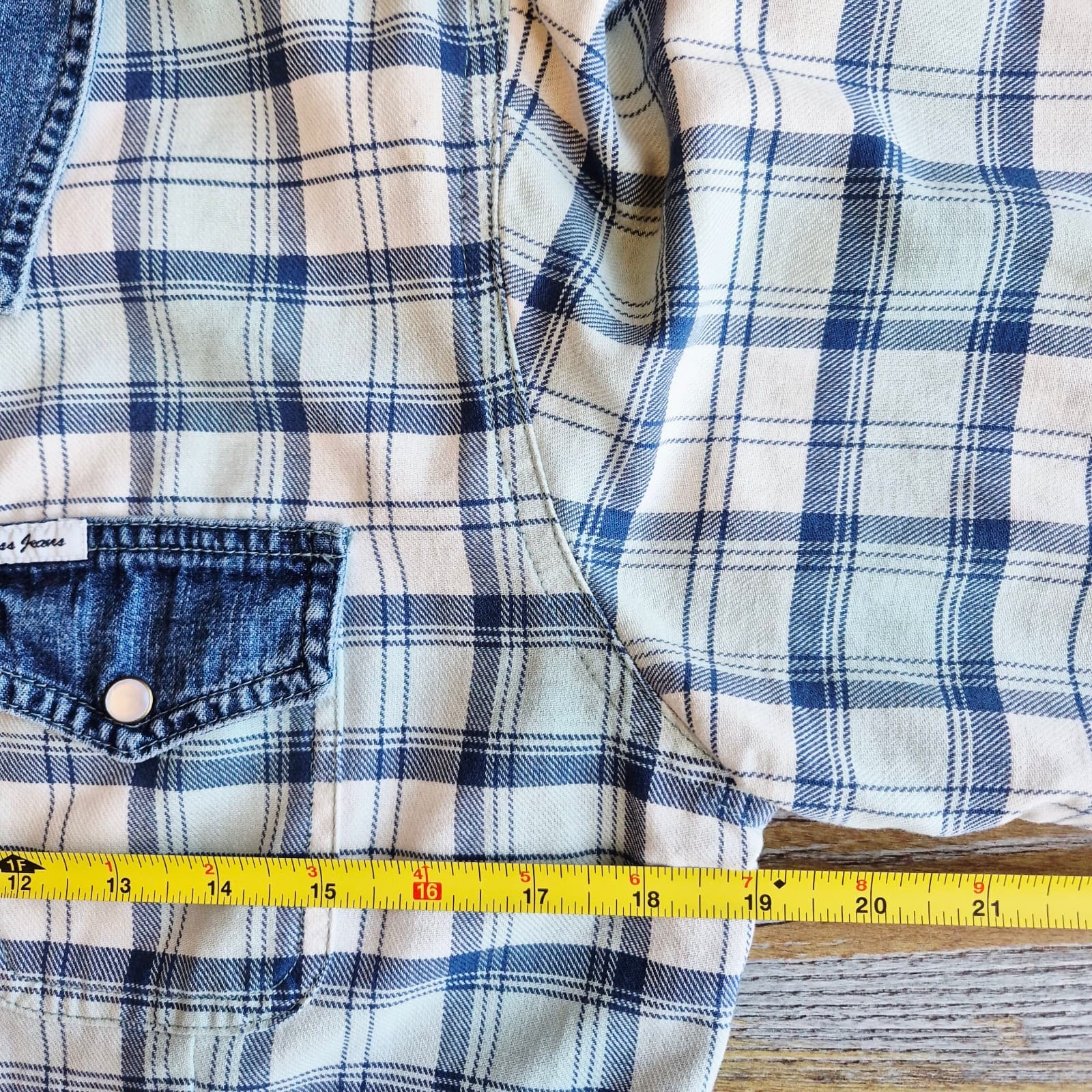 Vintage Guess Made In USA Denim Plaid Western Cropped Jacket Zip-Up Pocket Sz.L - Thumbnail 14