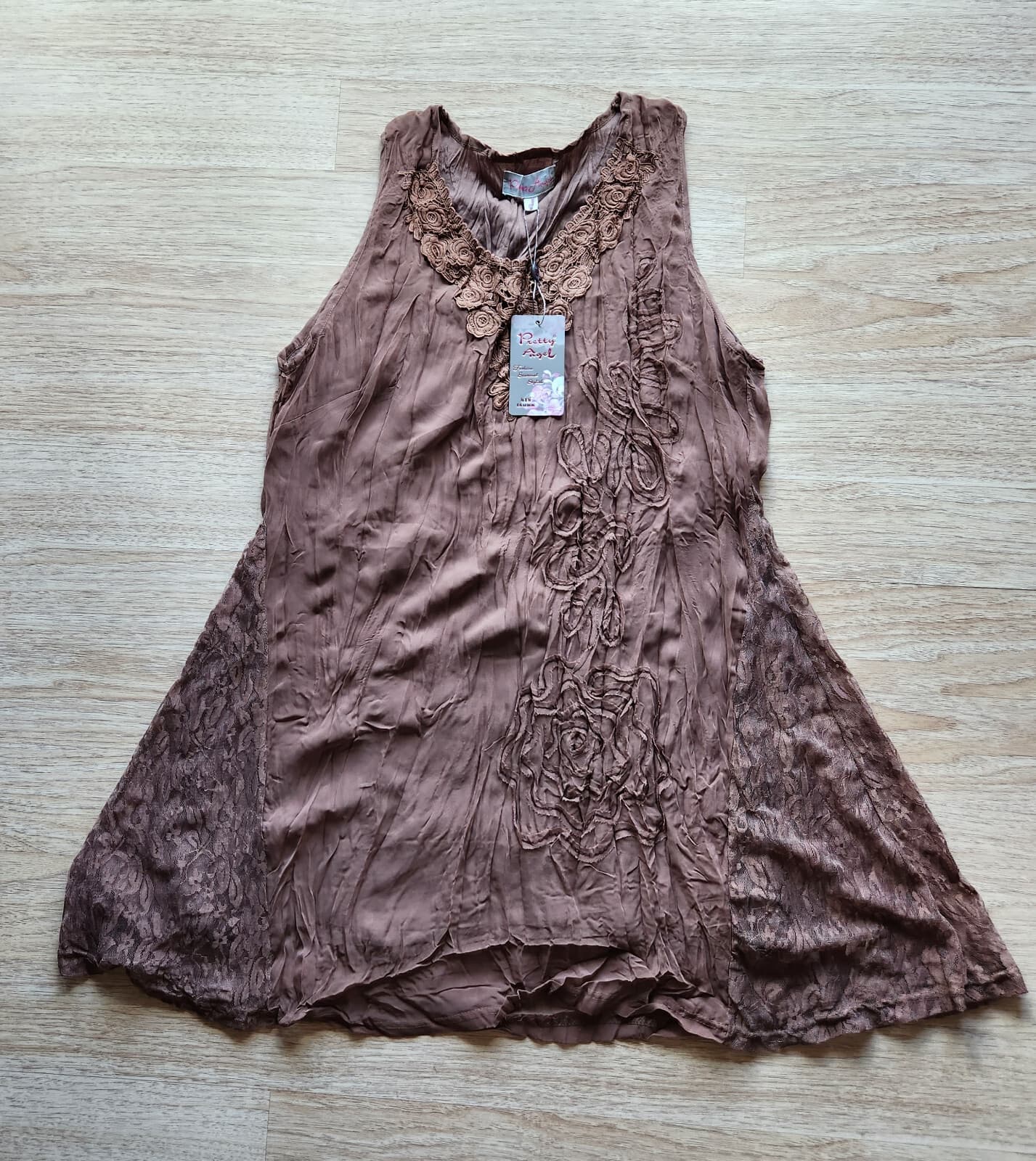 NWT Pretty Angel Silk Blend Embroidered Lace Chiffon Dress Sleeveless Brown Sz.S - Thumbnail 6