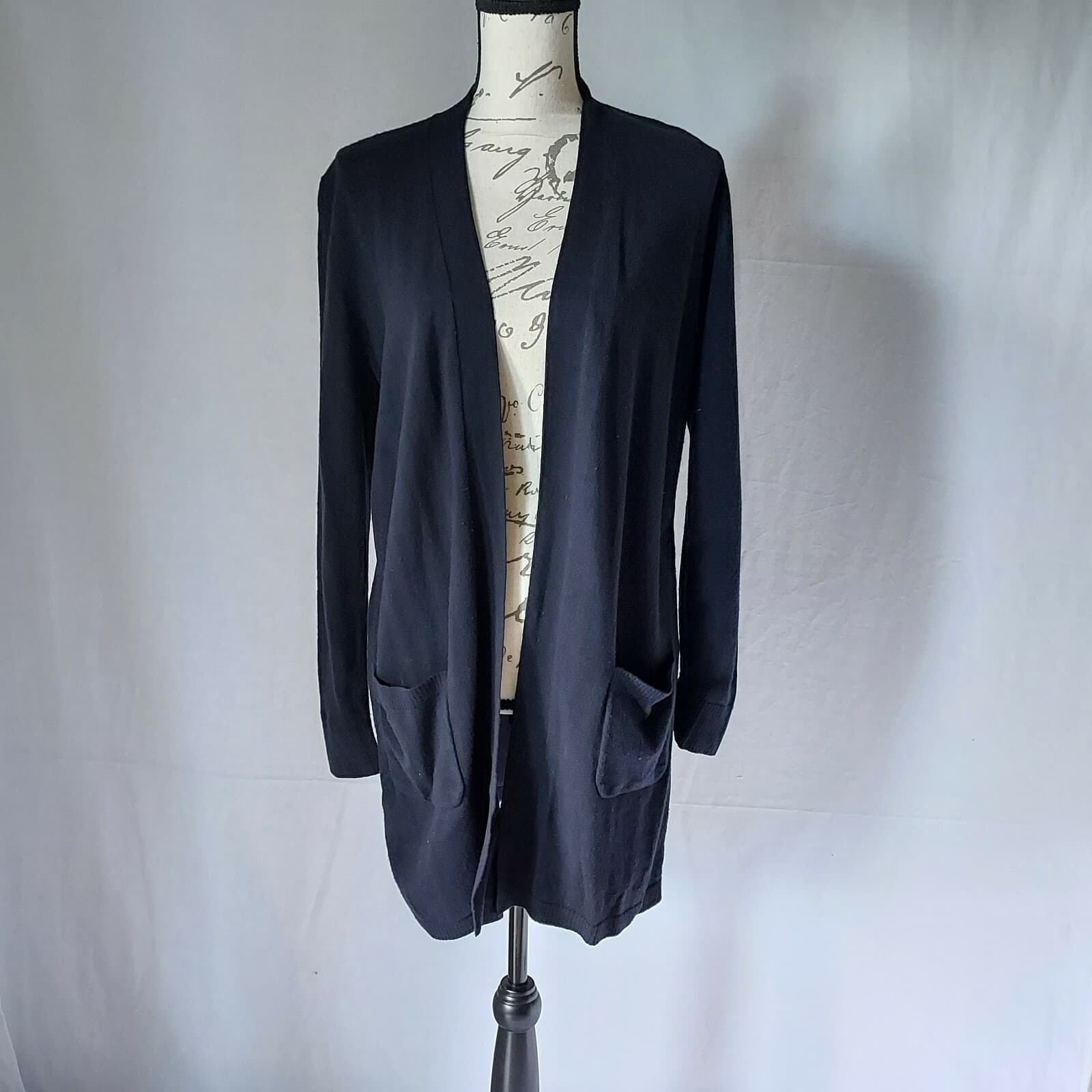 LAFAYETTE 148 NY Open Cardigan Front-Wool-Knit Back-Silk-Satin Black Women Sz.M - Thumbnail 2