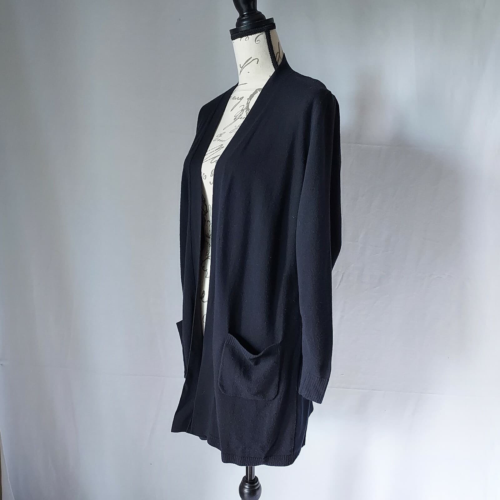 LAFAYETTE 148 NY Open Cardigan Front-Wool-Knit Back-Silk-Satin Black Women Sz.M - Thumbnail 3