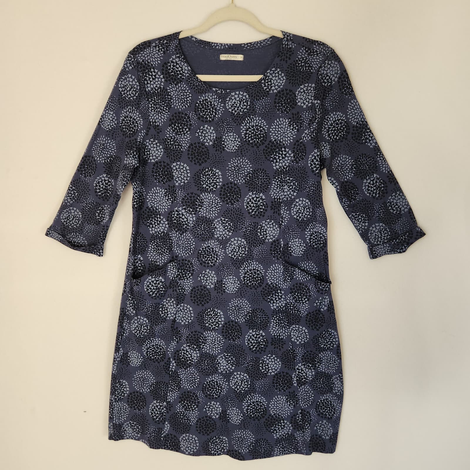 WoolOvers Mini Tunic Dress Pocket 3/4 Sleeve Geo-Printed Cotton Modal Blue Sz.M - Thumbnail 2