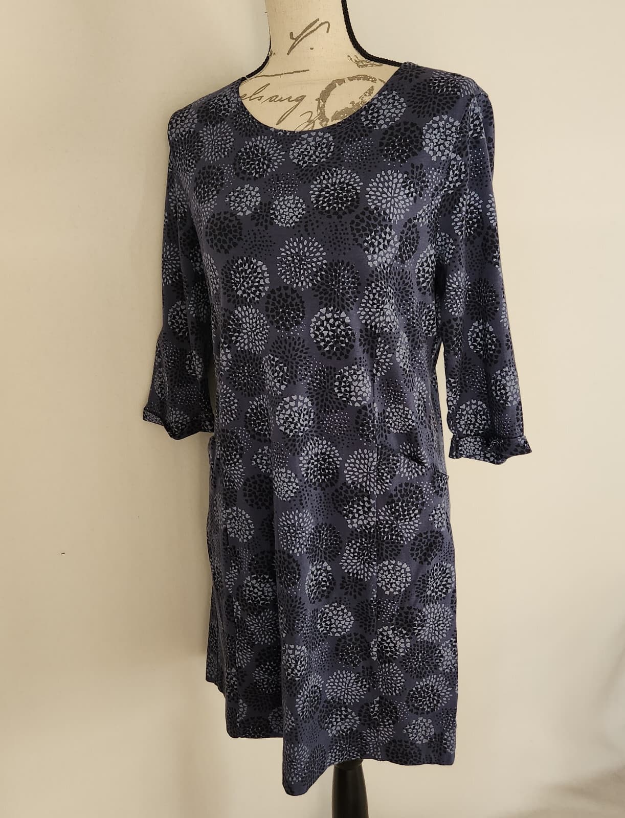 WoolOvers Mini Tunic Dress Pocket 3/4 Sleeve Geo-Printed Cotton Modal Blue Sz.M - Thumbnail 3