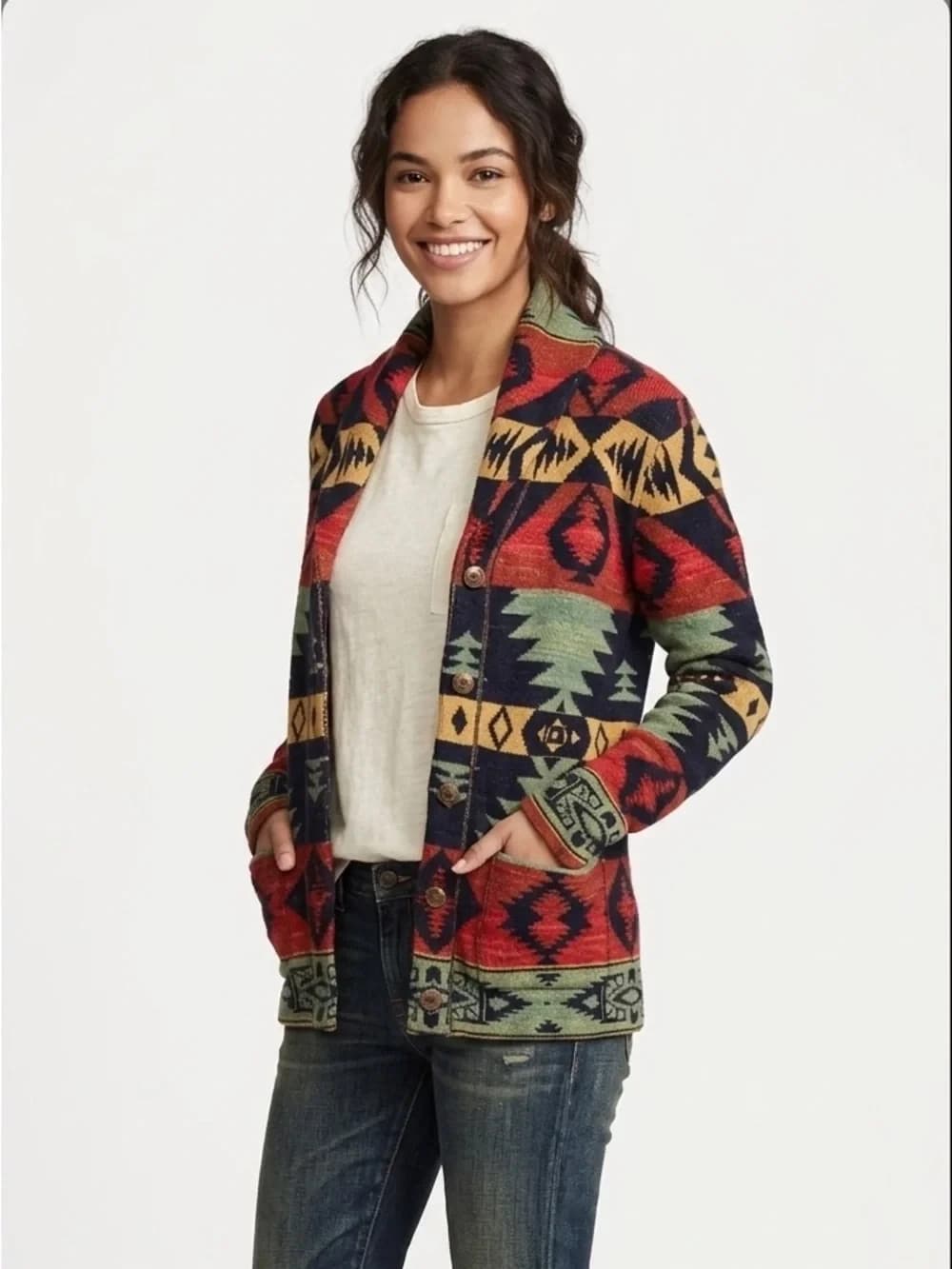 Denim & Supply Ralph Lauren Southwest Aztec Shawl Cardigan Pocket Button Women S - Thumbnail 3