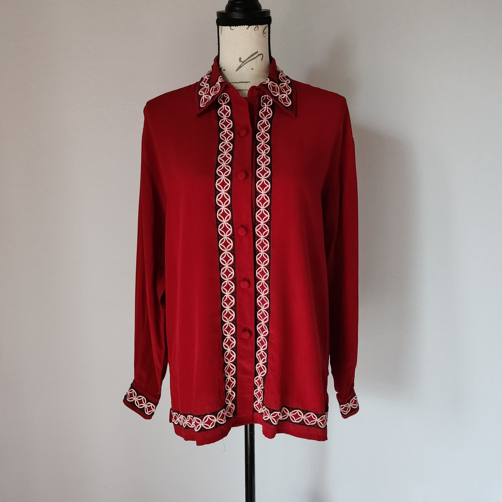 Vintage Diane Von Furstenberg Embroidered Silk Shirt Button Long Sleeve Red Sz.S - Thumbnail 2
