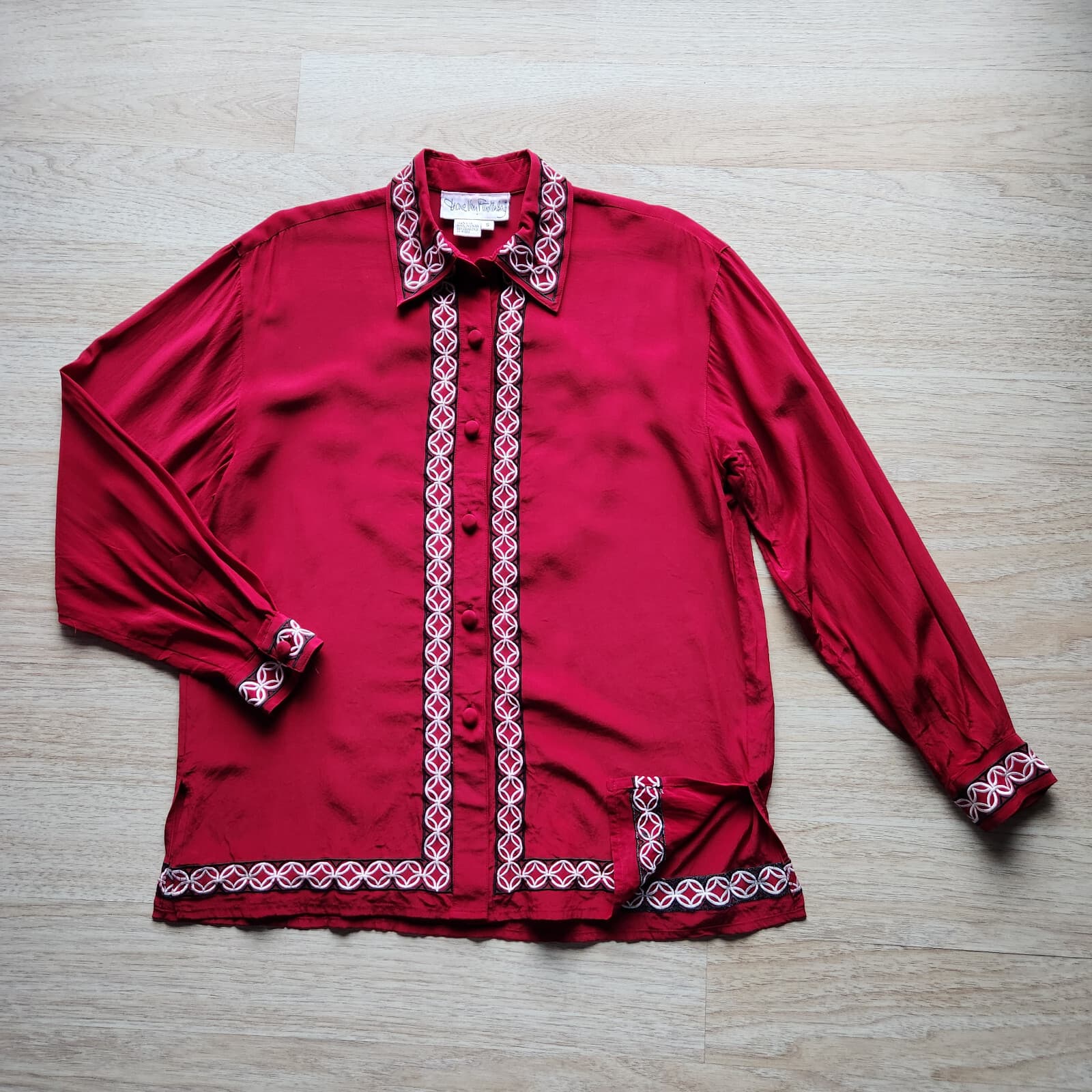 Vintage Diane Von Furstenberg Embroidered Silk Shirt Button Long Sleeve Red Sz.S - Thumbnail 3