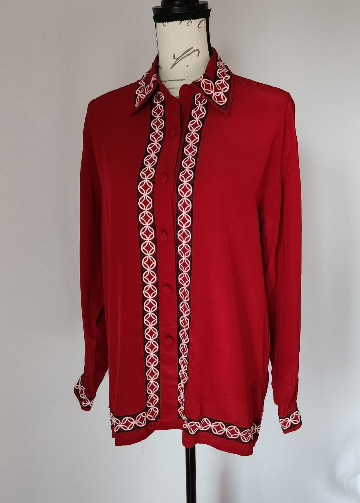 Vintage Diane Von Furstenberg Embroidered Silk Shirt Button Long Sleeve Red Sz.S - Thumbnail 4