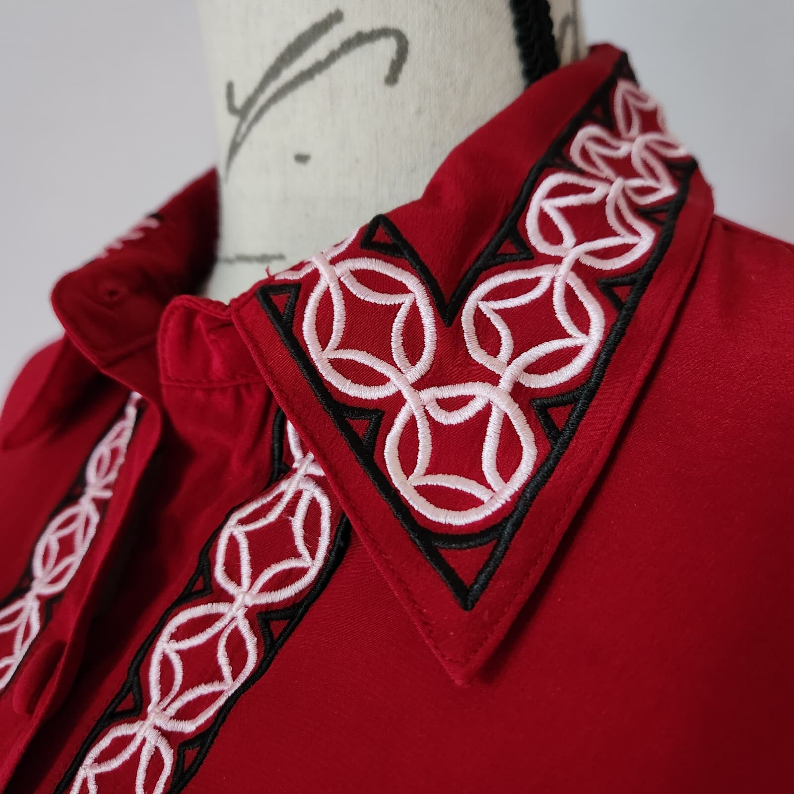 Vintage Diane Von Furstenberg Embroidered Silk Shirt Button Long Sleeve Red Sz.S - Thumbnail 5