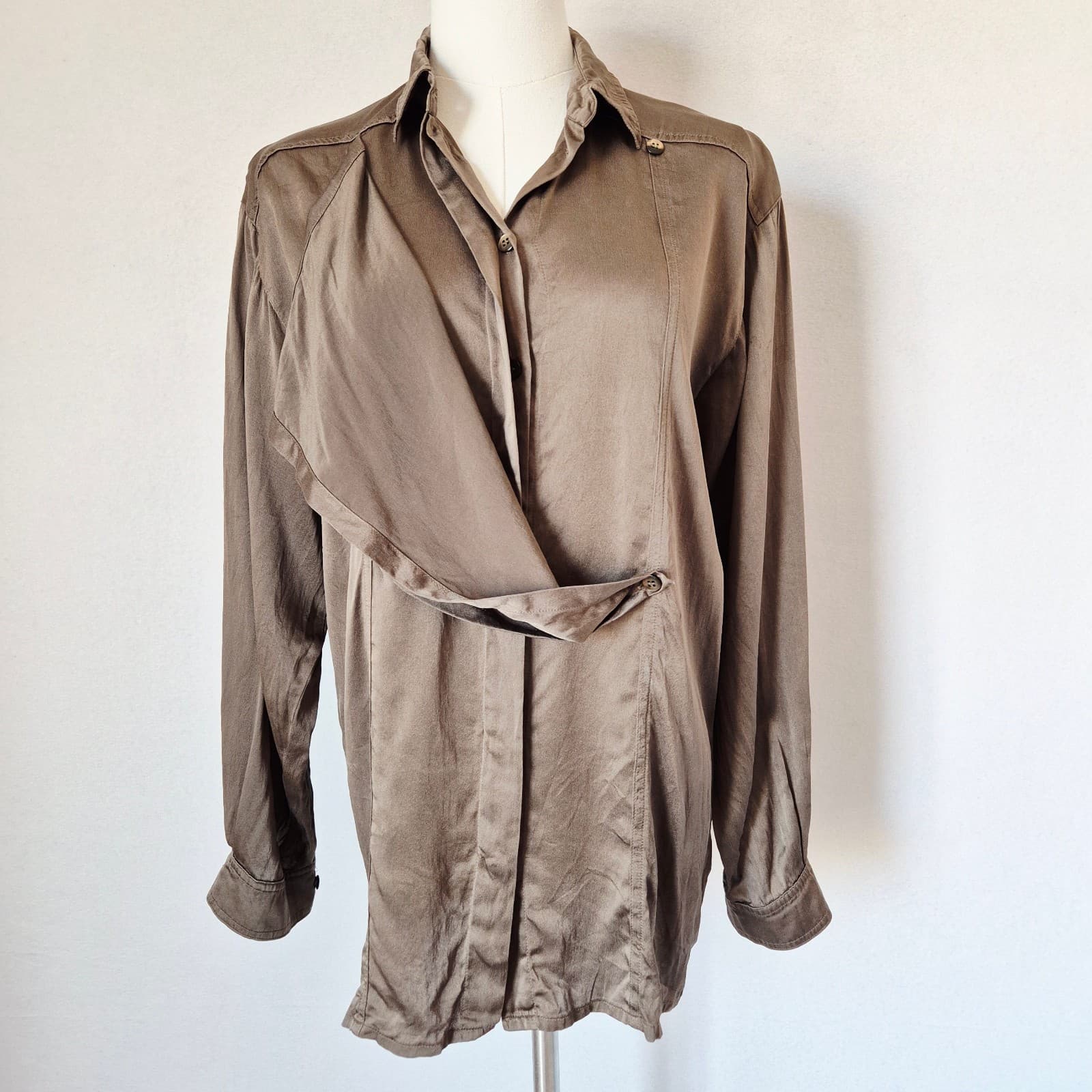 Vintage Escada by Margaretha Ley Olive Green Silk Satin Drape Front Blouse Sz.38 - Thumbnail 2
