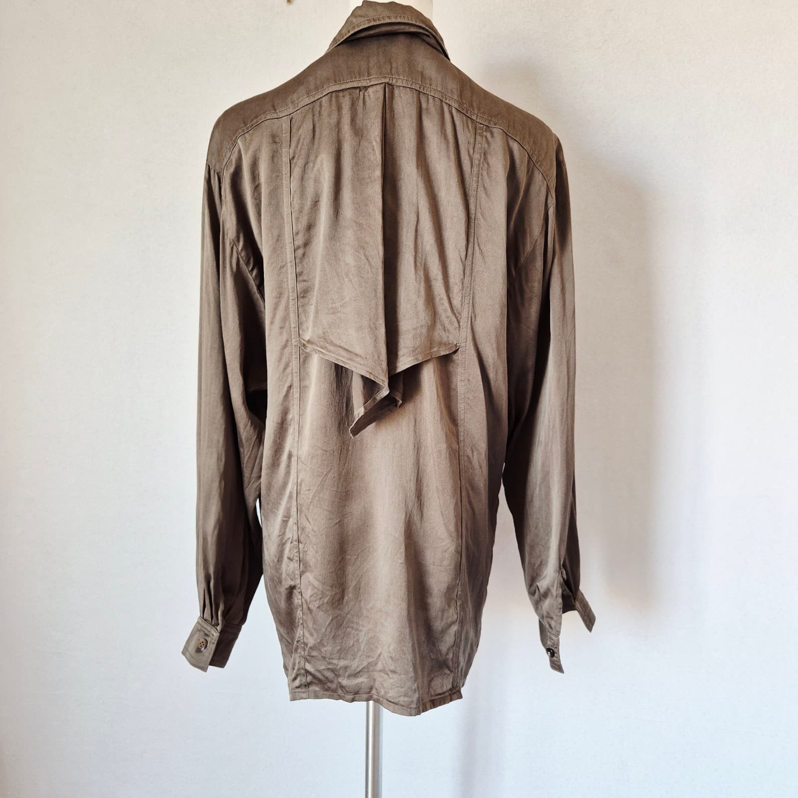 Vintage Escada by Margaretha Ley Olive Green Silk Satin Drape Front Blouse Sz.38 - Thumbnail 5