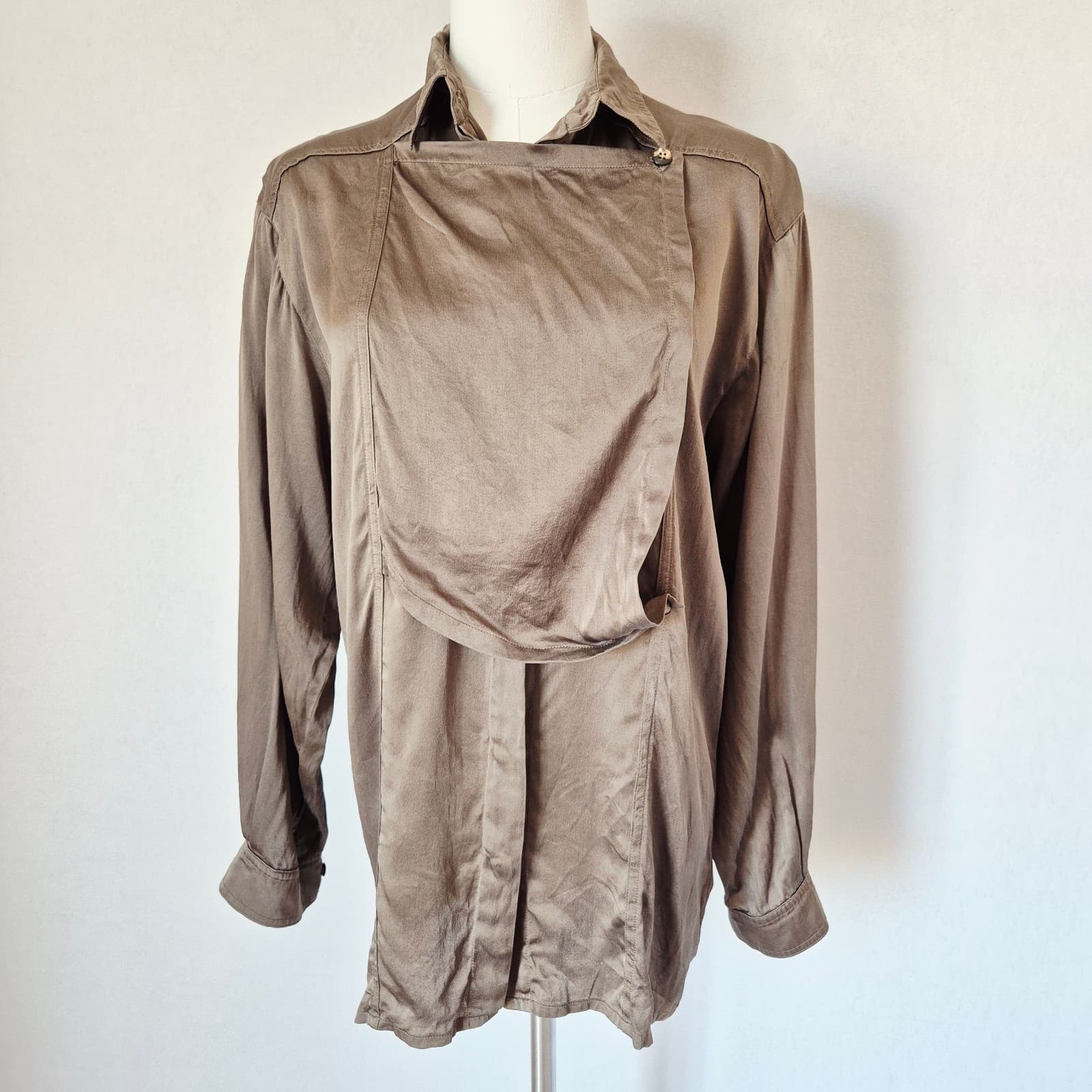Vintage Escada by Margaretha Ley Olive Green Silk Satin Drape Front Blouse Sz.38 - Thumbnail 4