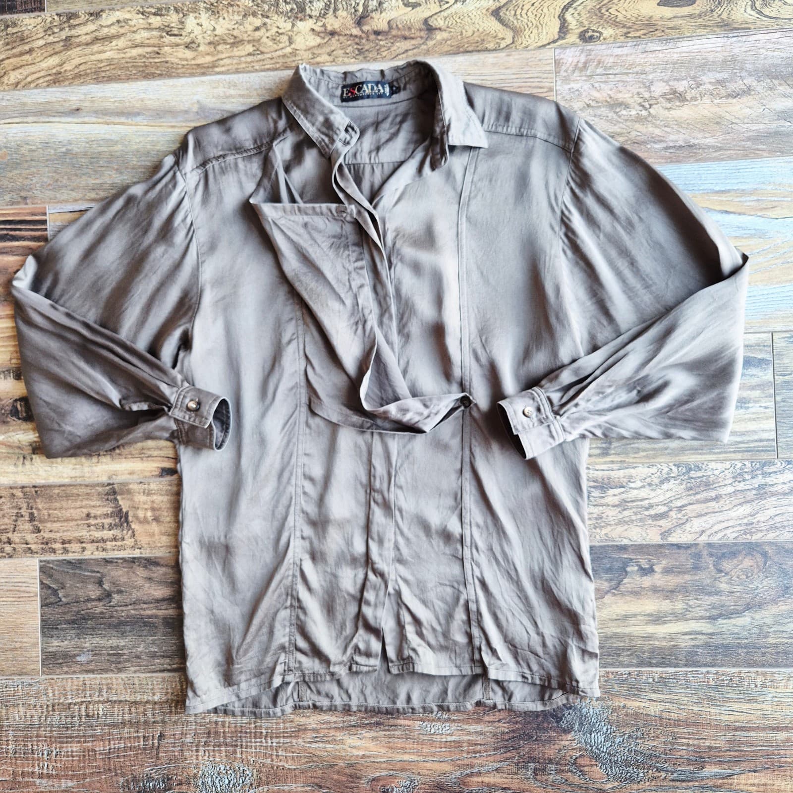 Vintage Escada by Margaretha Ley Olive Green Silk Satin Drape Front Blouse Sz.38 - Thumbnail 6