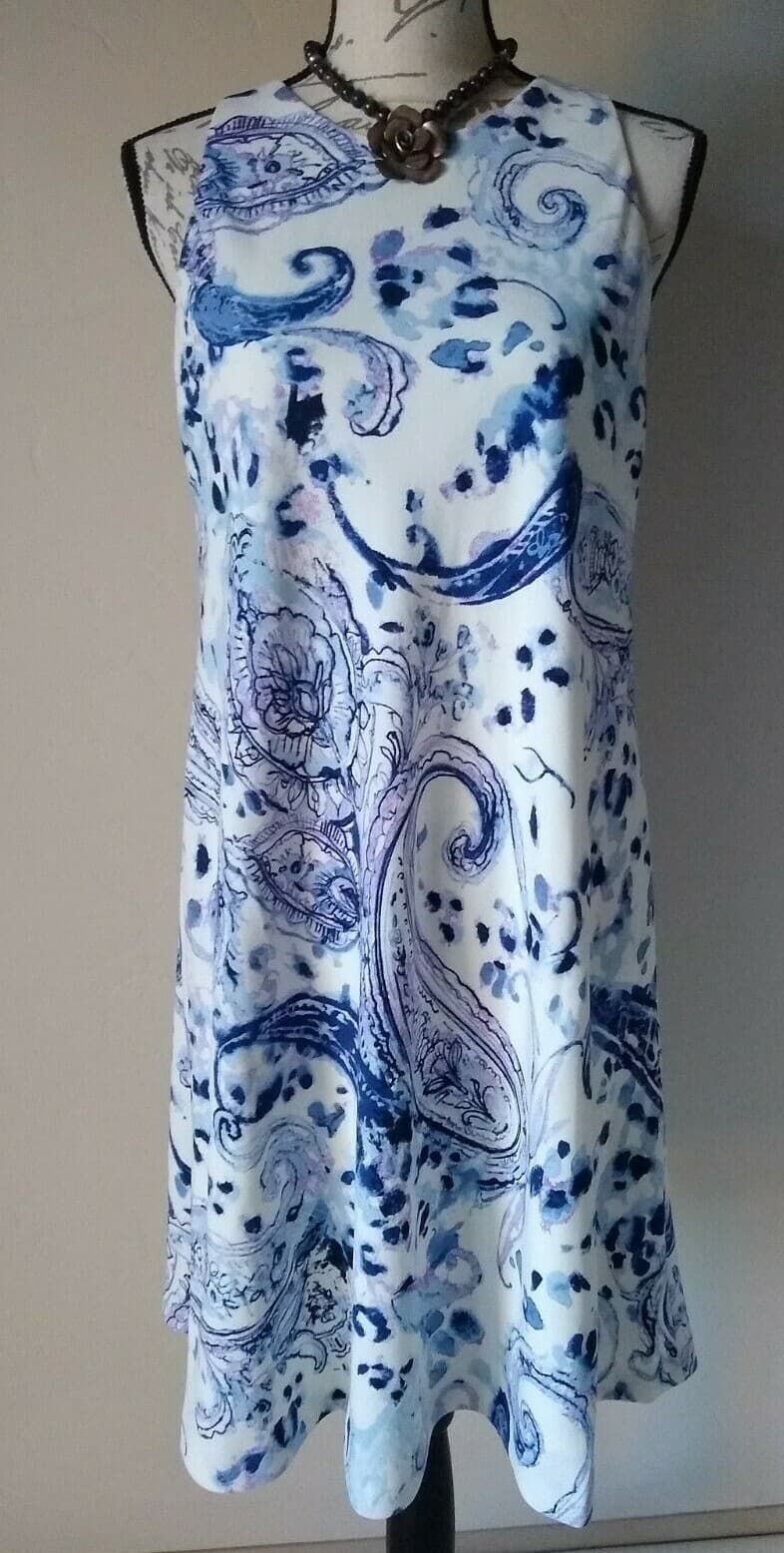 LAUREN RALPH LAUREN Knit Tunic Shift Dress Sleeveless Paisley Blue White Zip 10 - Thumbnail 2