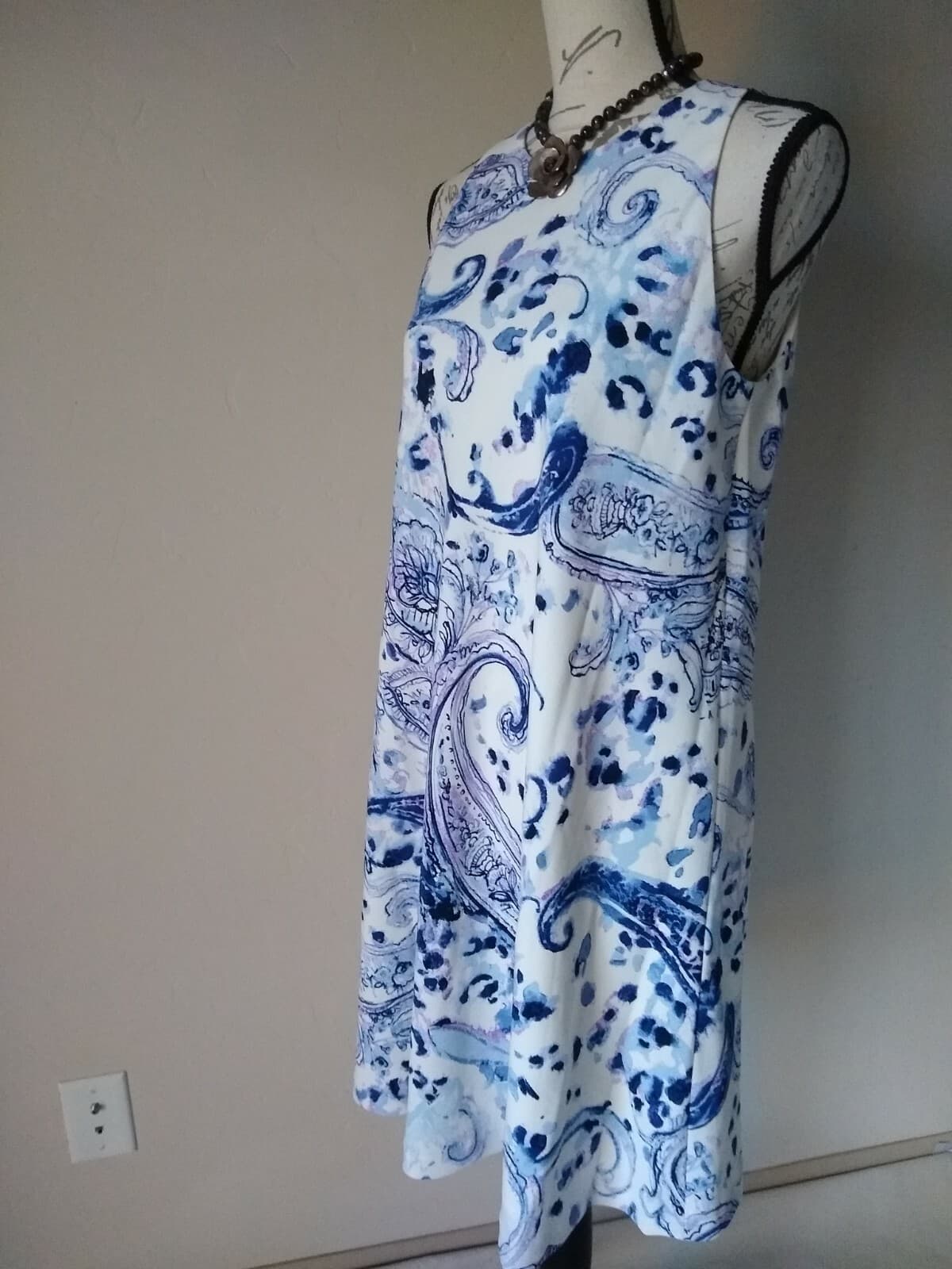 LAUREN RALPH LAUREN Knit Tunic Shift Dress Sleeveless Paisley Blue White Zip 10 - Thumbnail 3
