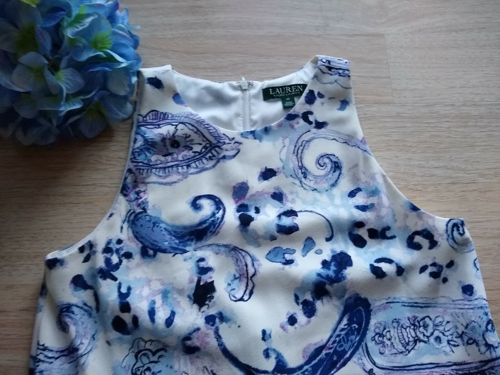 LAUREN RALPH LAUREN Knit Tunic Shift Dress Sleeveless Paisley Blue White Zip 10 - Thumbnail 7