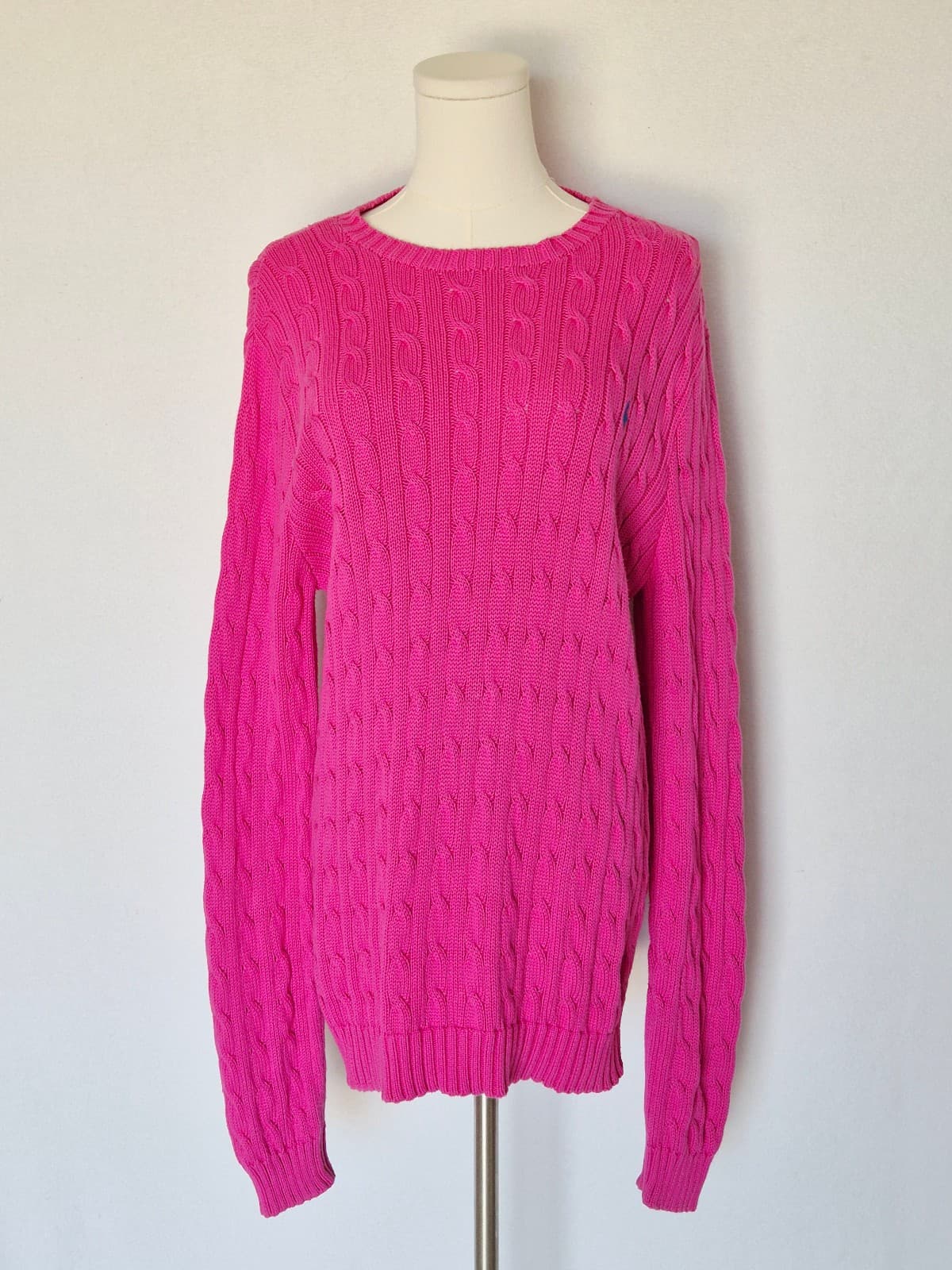 Vintage Y2K Ralph Lauren Pony Cotton Cable Knit Crew-Neck Sweater Pink Womens XL - Thumbnail 2
