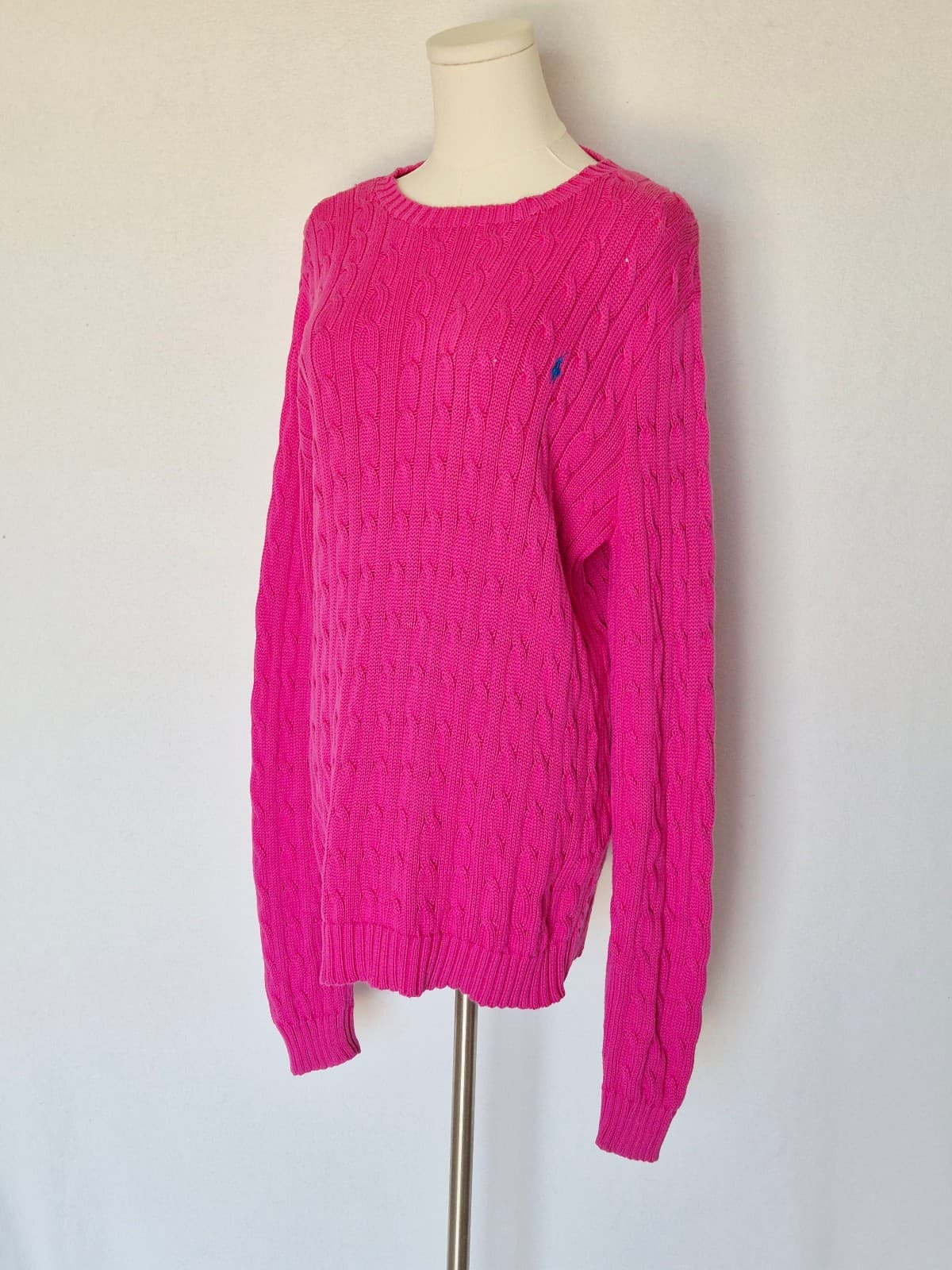 Vintage Y2K Ralph Lauren Pony Cotton Cable Knit Crew-Neck Sweater Pink Womens XL - Thumbnail 3