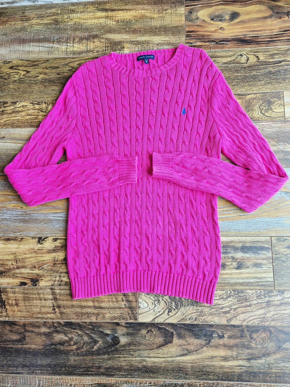 Vintage Y2K Ralph Lauren Pony Cotton Cable Knit Crew-Neck Sweater Pink Womens XL - Thumbnail 6
