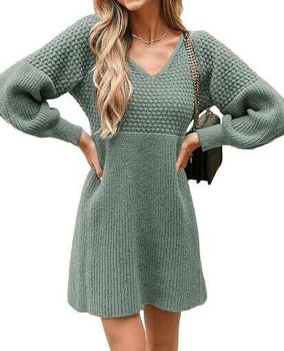 NWT Cupshe Honeycomb Knit Beach Mini Sweater-Dress Puff Long Sleeve Green Sz.M - Thumbnail 5