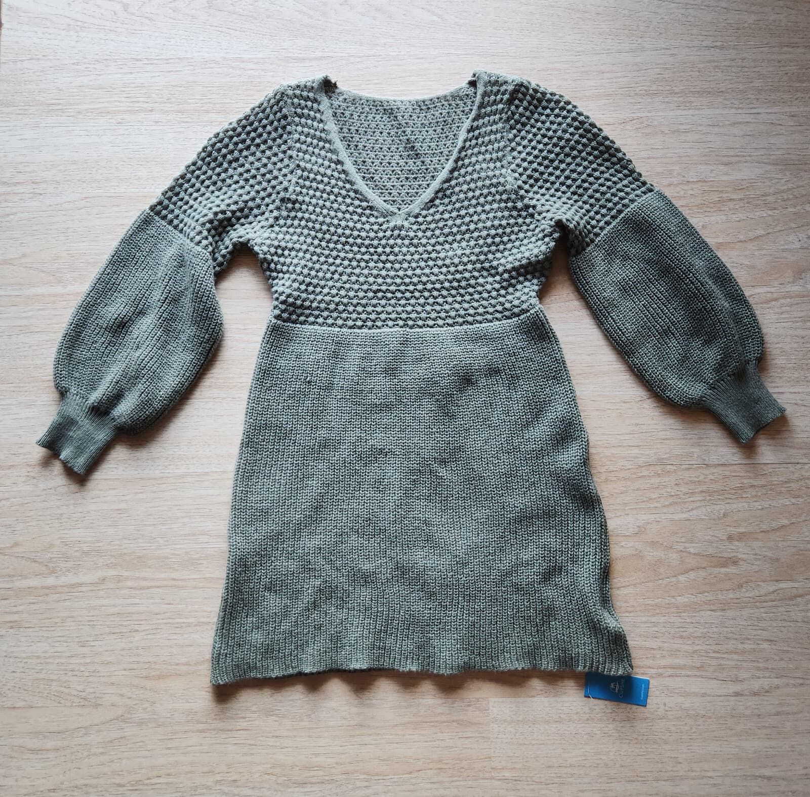 NWT Cupshe Honeycomb Knit Beach Mini Sweater-Dress Puff Long Sleeve Green Sz.M - Thumbnail 8