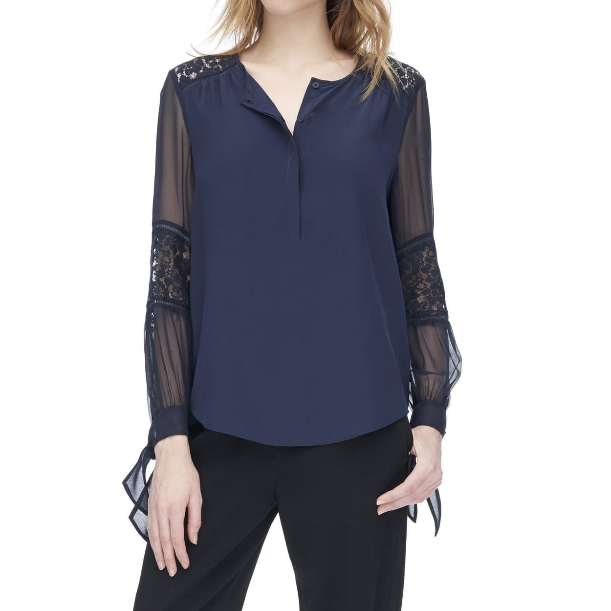 Rebecca Taylor $295 Sarah Lace Silk Tunic Blouse Long Sleeve Navy Blue Bust 42" - Thumbnail 2