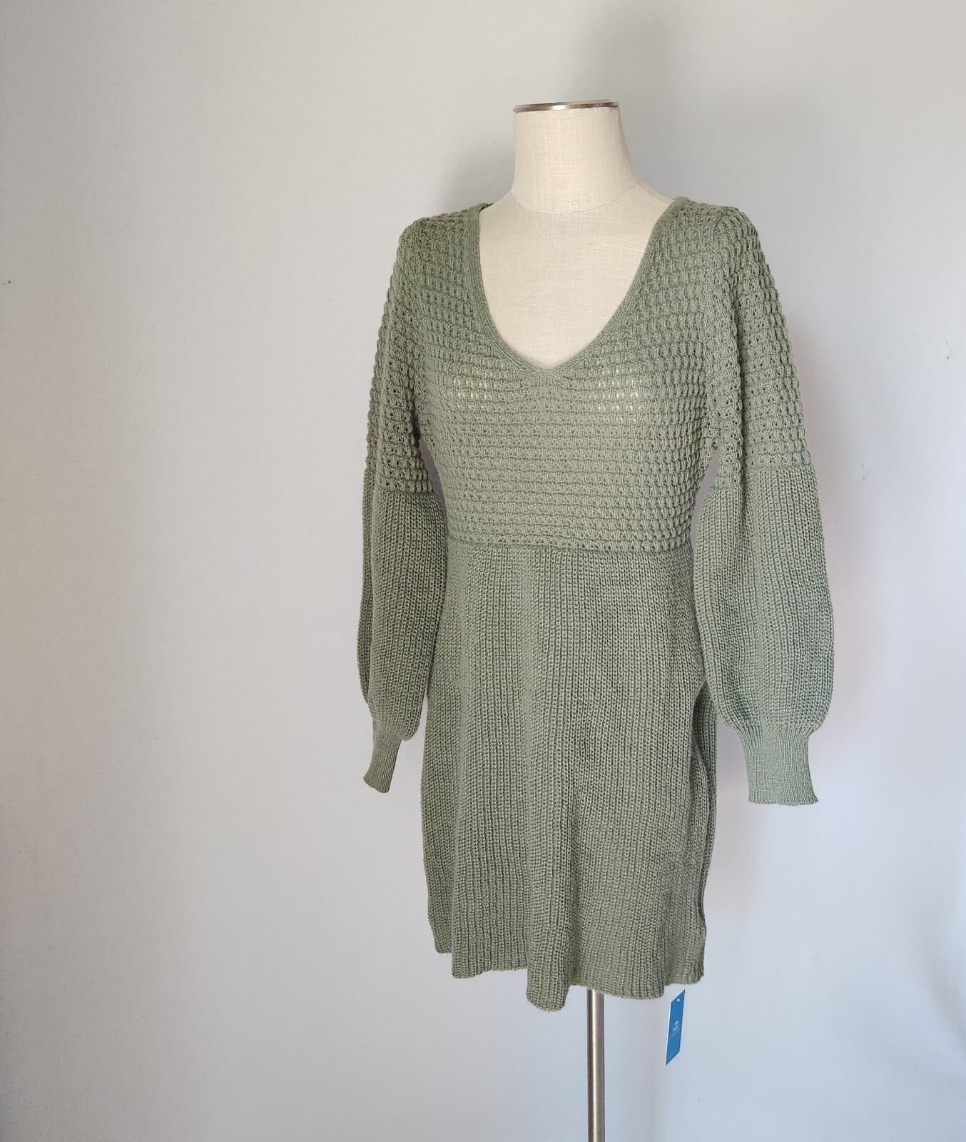 NWT Cupshe Honeycomb Knit Beach Mini Sweater-Dress Puff Long Sleeve Green Sz.M - Thumbnail 3