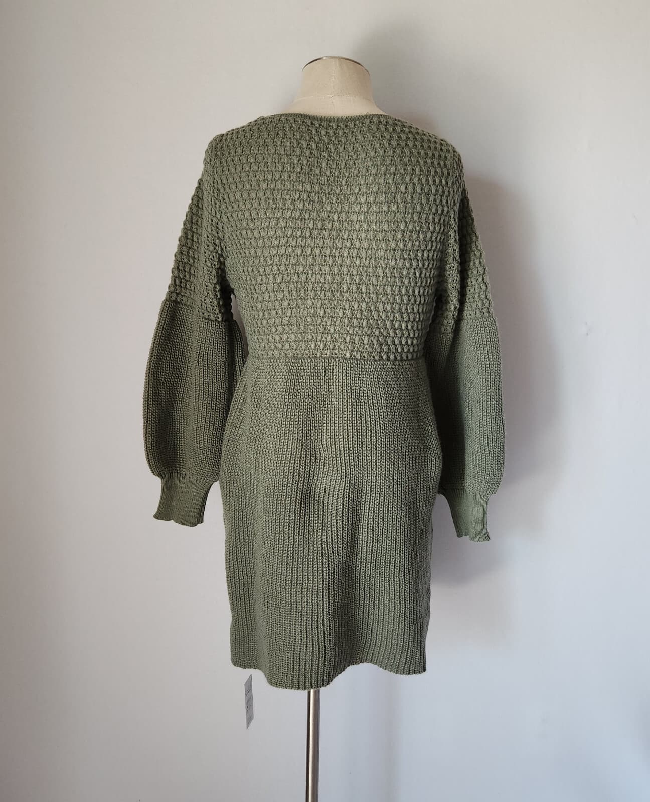 NWT Cupshe Honeycomb Knit Beach Mini Sweater-Dress Puff Long Sleeve Green Sz.M - Thumbnail 7