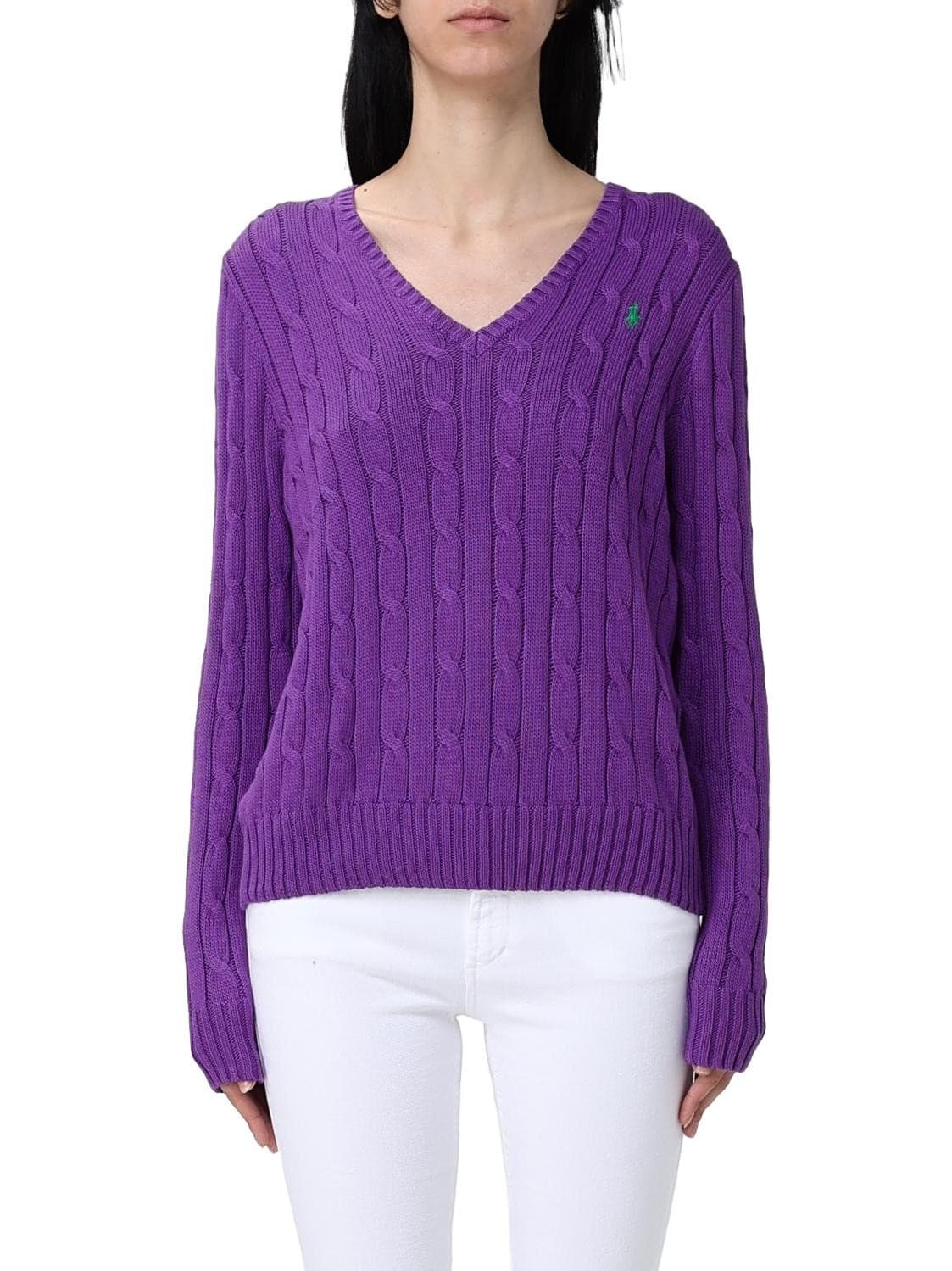 Polo Ralph Lauren Pony 100% Cotton Cable Knit V-Neck Sweater Purple Women's XXL - Thumbnail 3