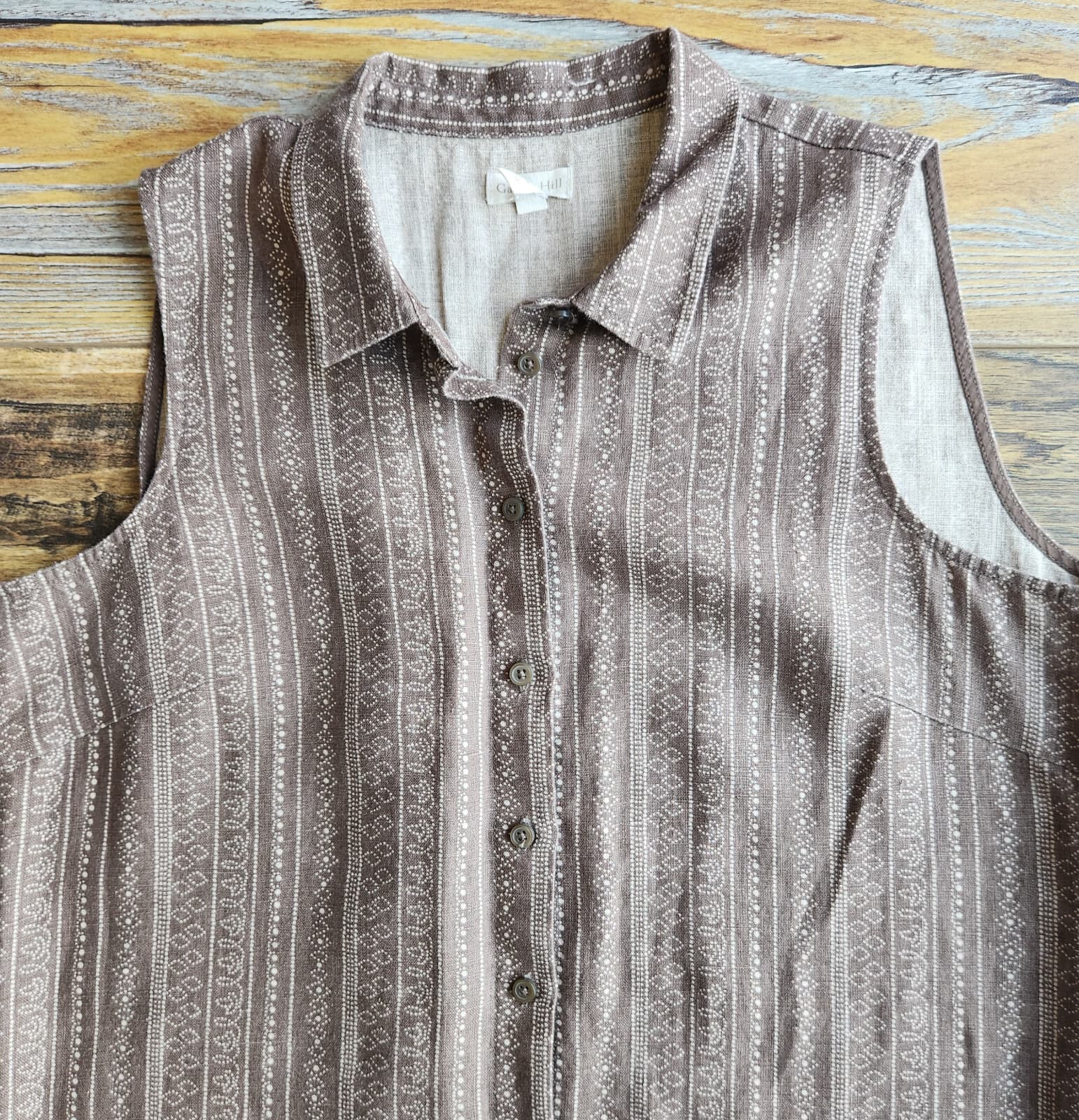 Garnet Hill Linen Shirt Dress Button-Down Sleeveless Geo-Printed Brown Womens 12 - Thumbnail 8