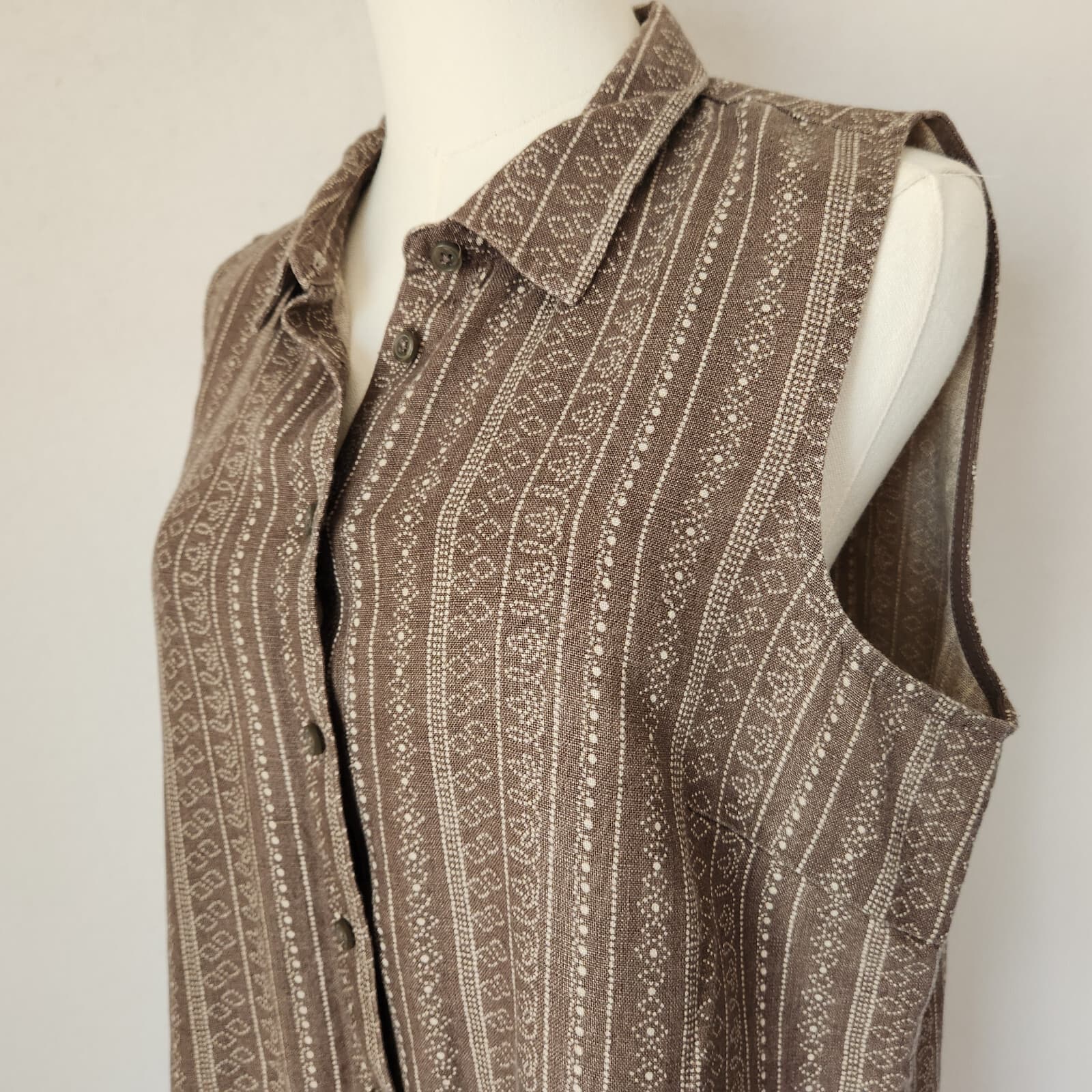 Garnet Hill Linen Shirt Dress Button-Down Sleeveless Geo-Printed Brown Womens 12 - Thumbnail 3