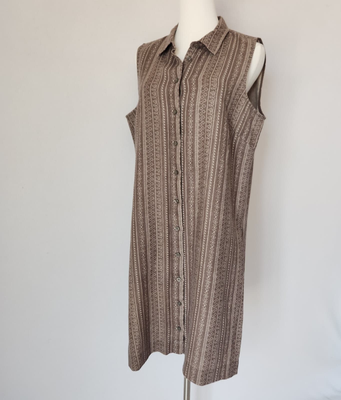 Garnet Hill Linen Shirt Dress Button-Down Sleeveless Geo-Printed Brown Womens 12 - Thumbnail 2