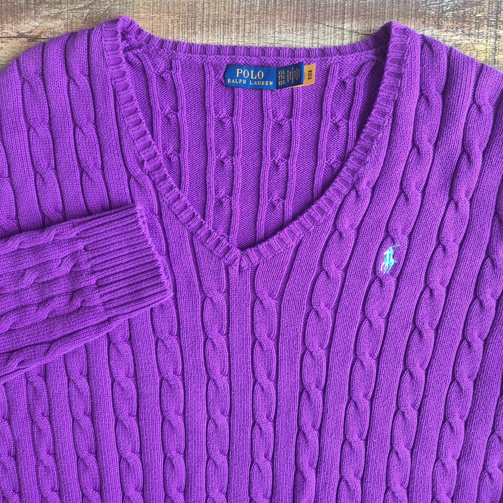 Polo Ralph Lauren Pony 100% Cotton Cable Knit V-Neck Sweater Purple Women's XXL - Thumbnail 2