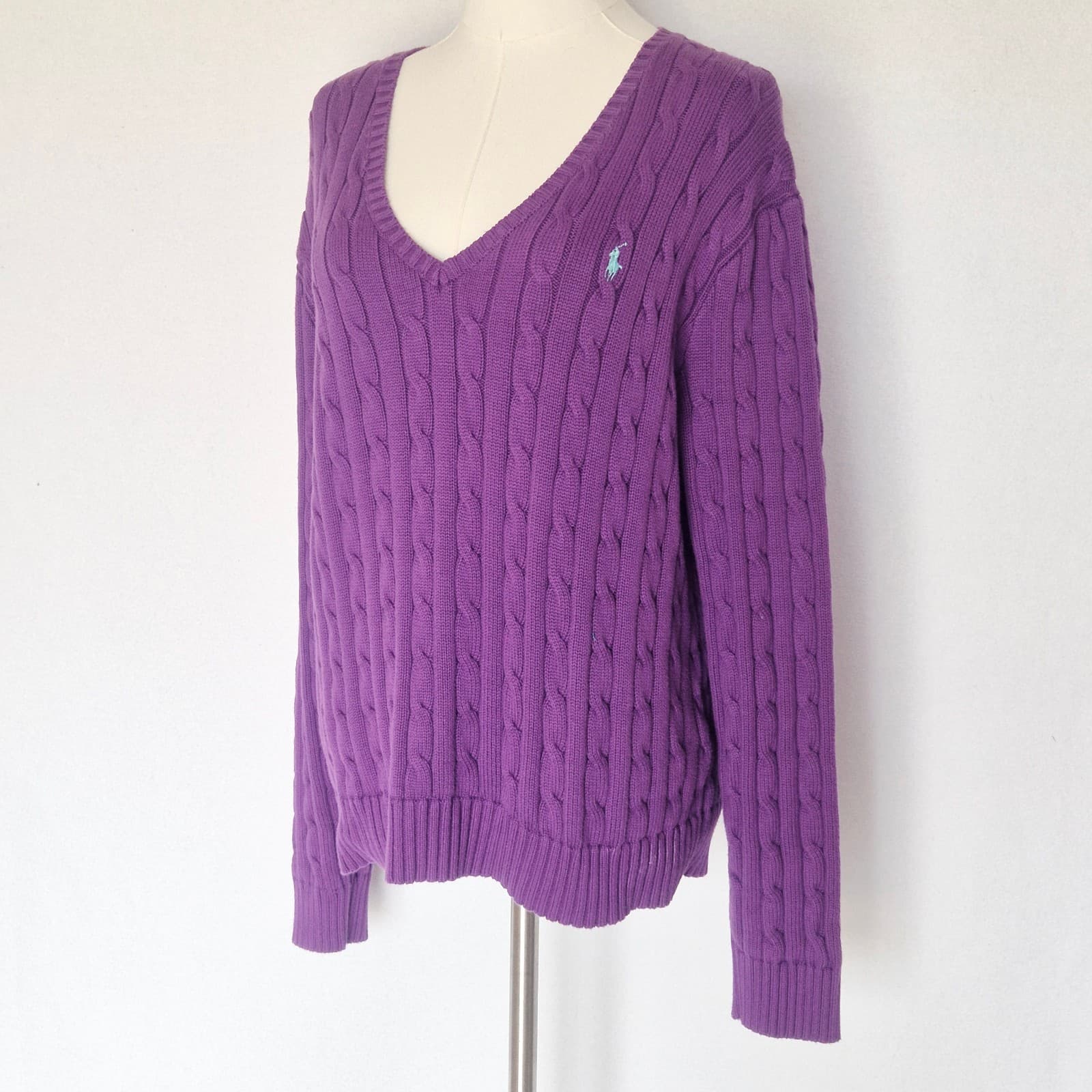 Polo Ralph Lauren Pony 100% Cotton Cable Knit V-Neck Sweater Purple Women's XXL - Thumbnail 6