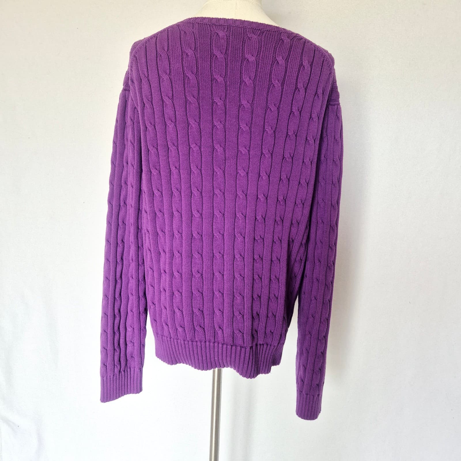 Polo Ralph Lauren Pony 100% Cotton Cable Knit V-Neck Sweater Purple Women's XXL - Thumbnail 9