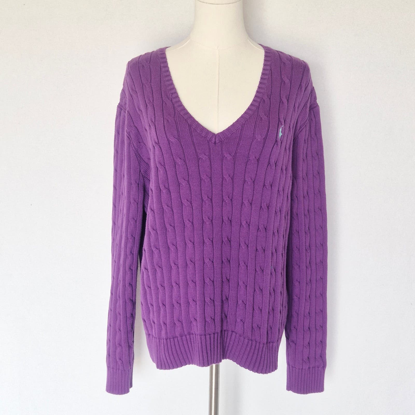 Polo Ralph Lauren Pony 100% Cotton Cable Knit V-Neck Sweater Purple Women's XXL - Thumbnail 4