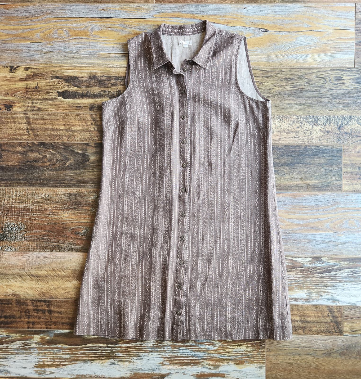 Garnet Hill Linen Shirt Dress Button-Down Sleeveless Geo-Printed Brown Womens 12 - Thumbnail 6