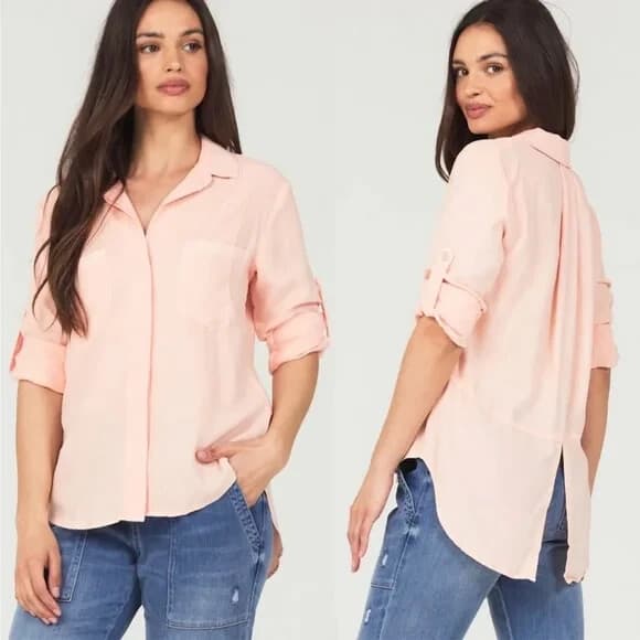 Cloth & Stone 100% Linen Button-Up Shirt Split Back Long Sleeve Orange Pink Sz.S - Thumbnail 2