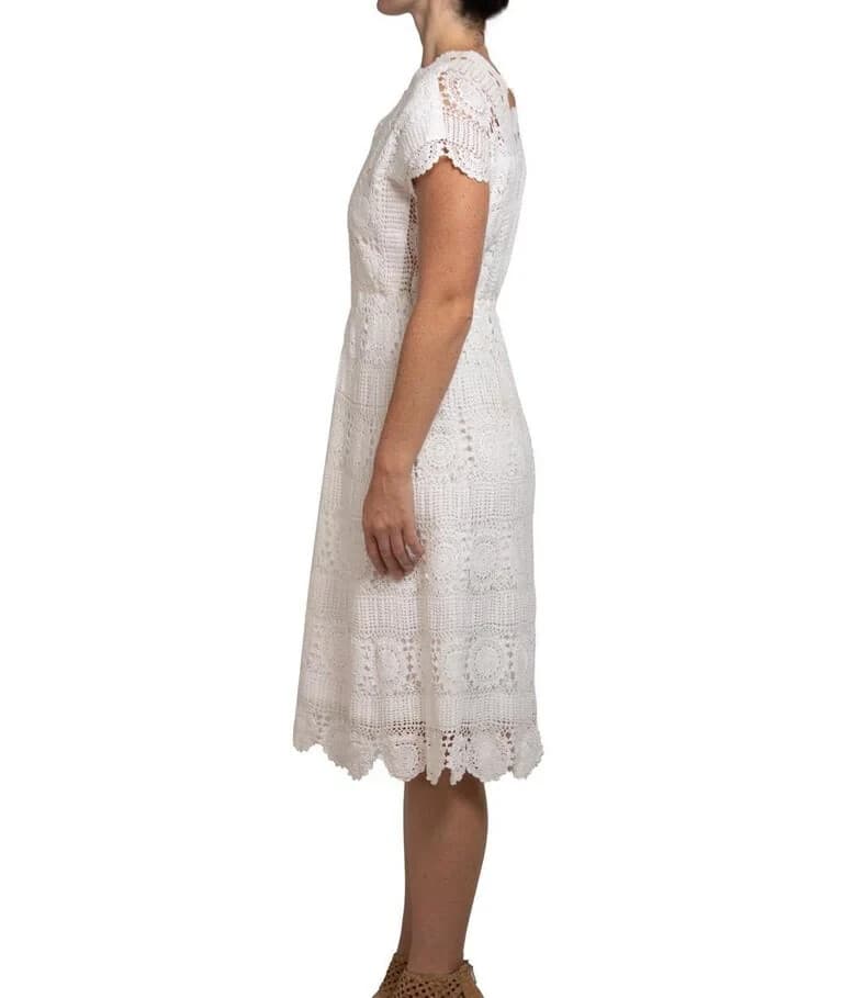 Vintage 1970s Hand Crochet Dress Line White Cotton Lace Elastic Waist Bust 40" - Thumbnail 8