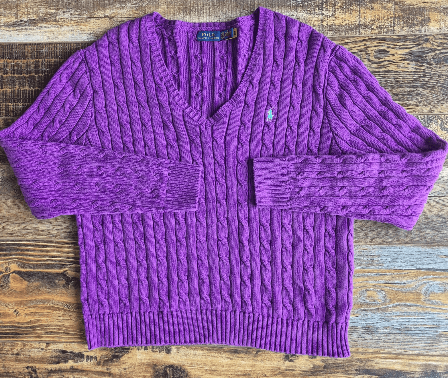 Polo Ralph Lauren Pony 100% Cotton Cable Knit V-Neck Sweater Purple Women's XXL