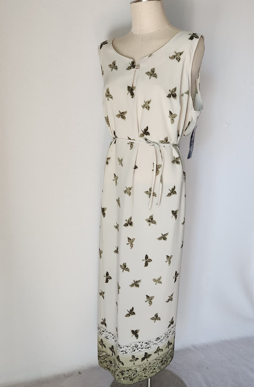 NWT Spago Leaf Printed Maxi Dress Tie-Waist Sleeveless Green Chiffon Sz.24 - Thumbnail 2