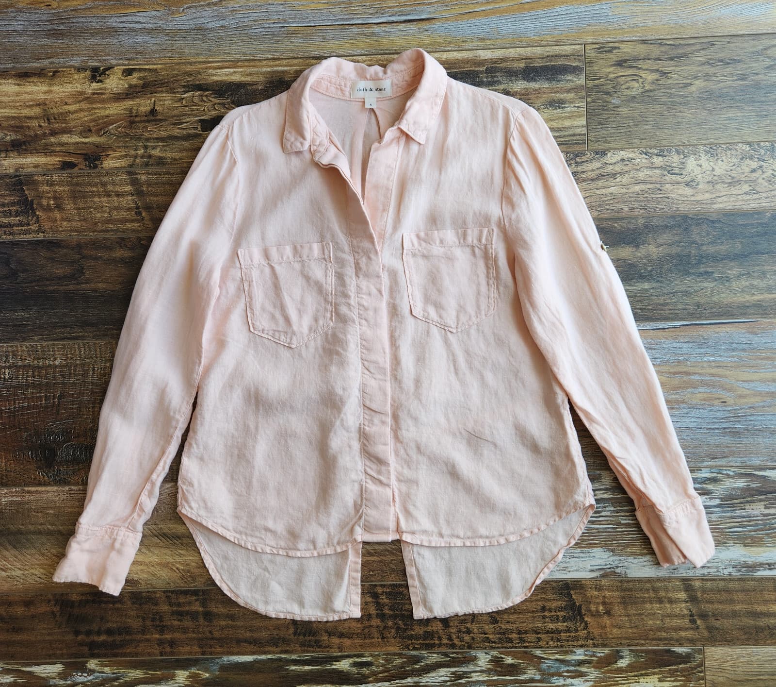 Cloth & Stone 100% Linen Button-Up Shirt Split Back Long Sleeve Orange Pink Sz.S - Thumbnail 5