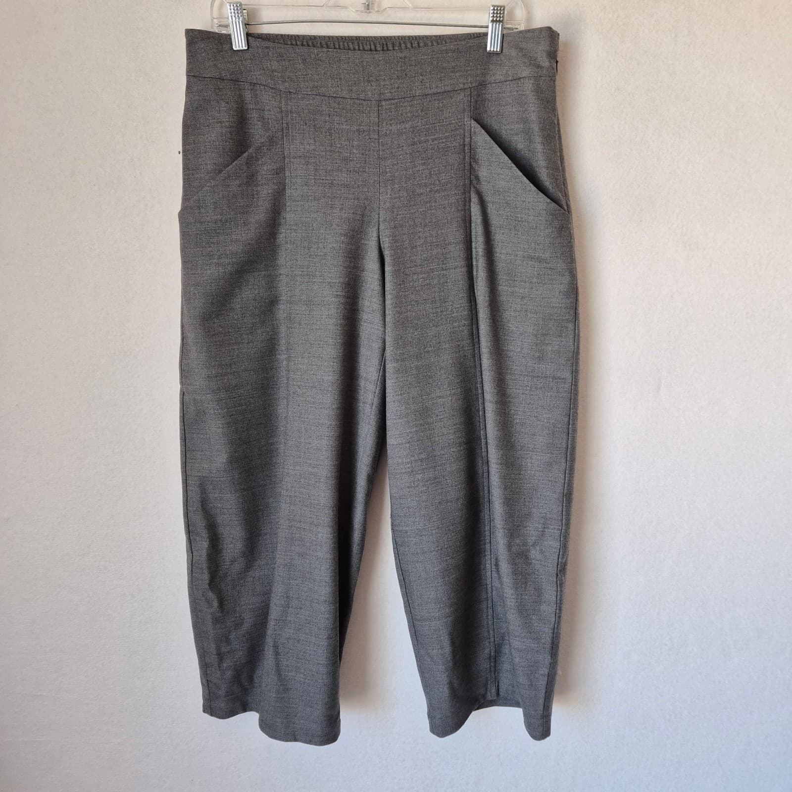 EILEEN FISHER Wool Blend Barrel Wide-Leg Cropped Pants Elastic Pocket Grey Sz.M - Thumbnail 2