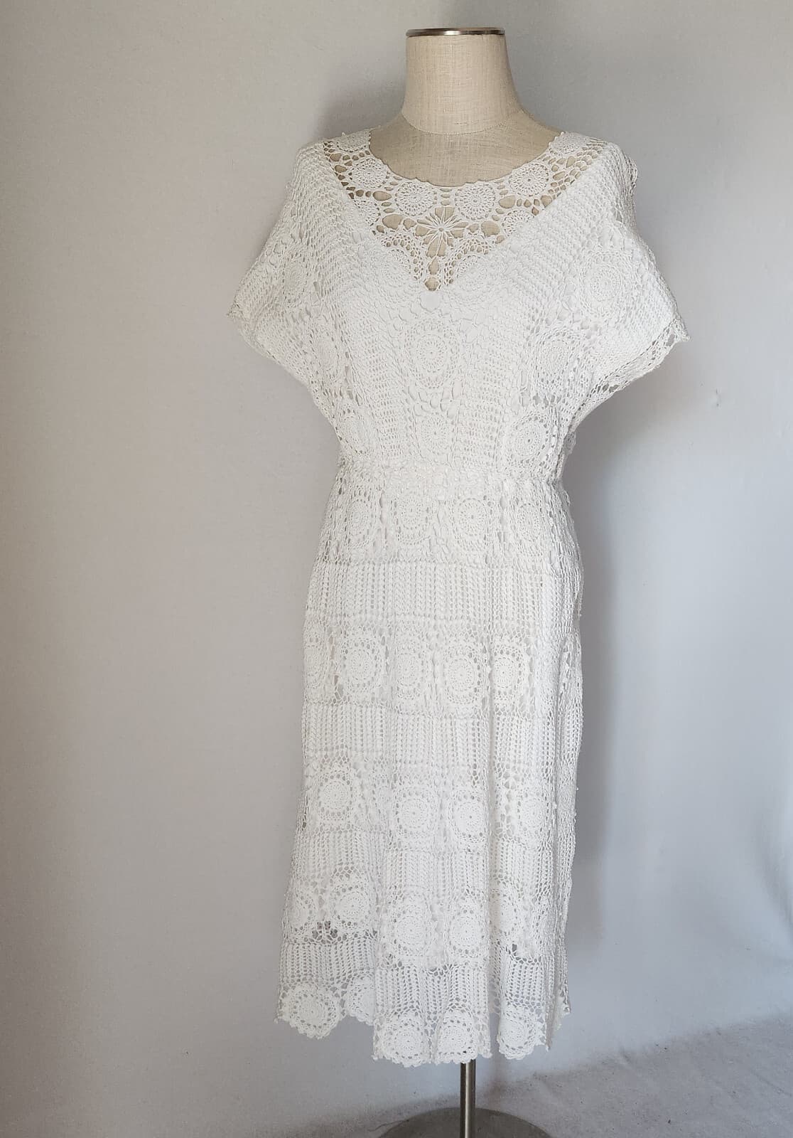 Vintage 1970s Hand Crochet Dress Line White Cotton Lace Elastic Waist Bust 40" - Thumbnail 2