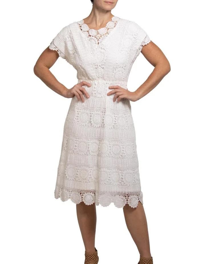 Vintage 1970s Hand Crochet Dress Line White Cotton Lace Elastic Waist Bust 40" - Thumbnail 4
