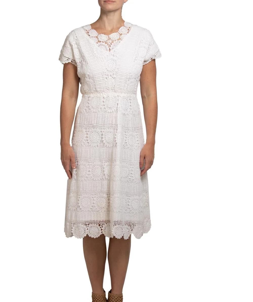 Vintage 1970s Hand Crochet Dress Line White Cotton Lace Elastic Waist Bust 40" - Thumbnail 5